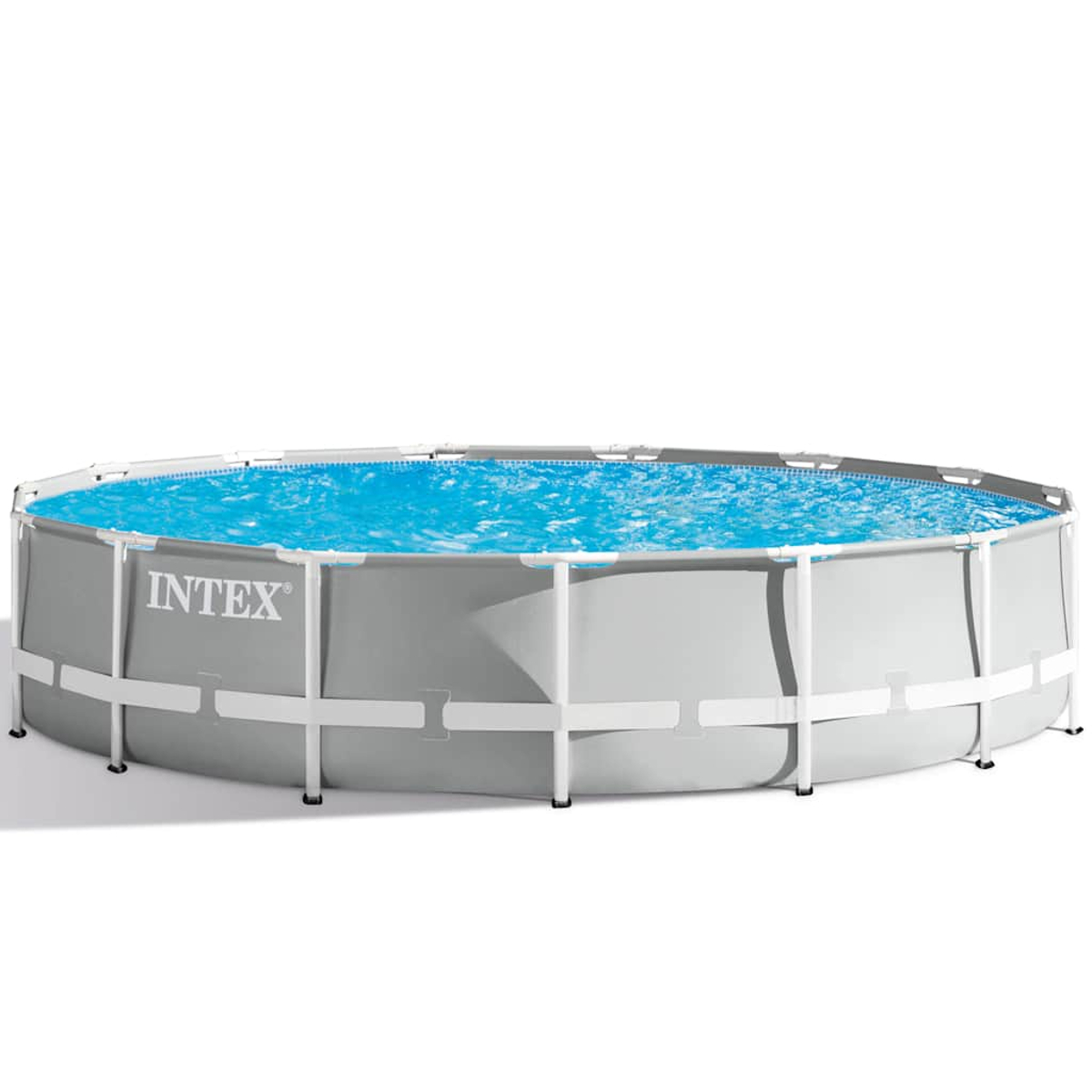 Ein oberirdischer Intex-Pool mit blauem Wasser. Der Pool hat eine graue Außenseite mit weißen Stützbalken und Beinen. Das Intex-Logo ist sichtbar.