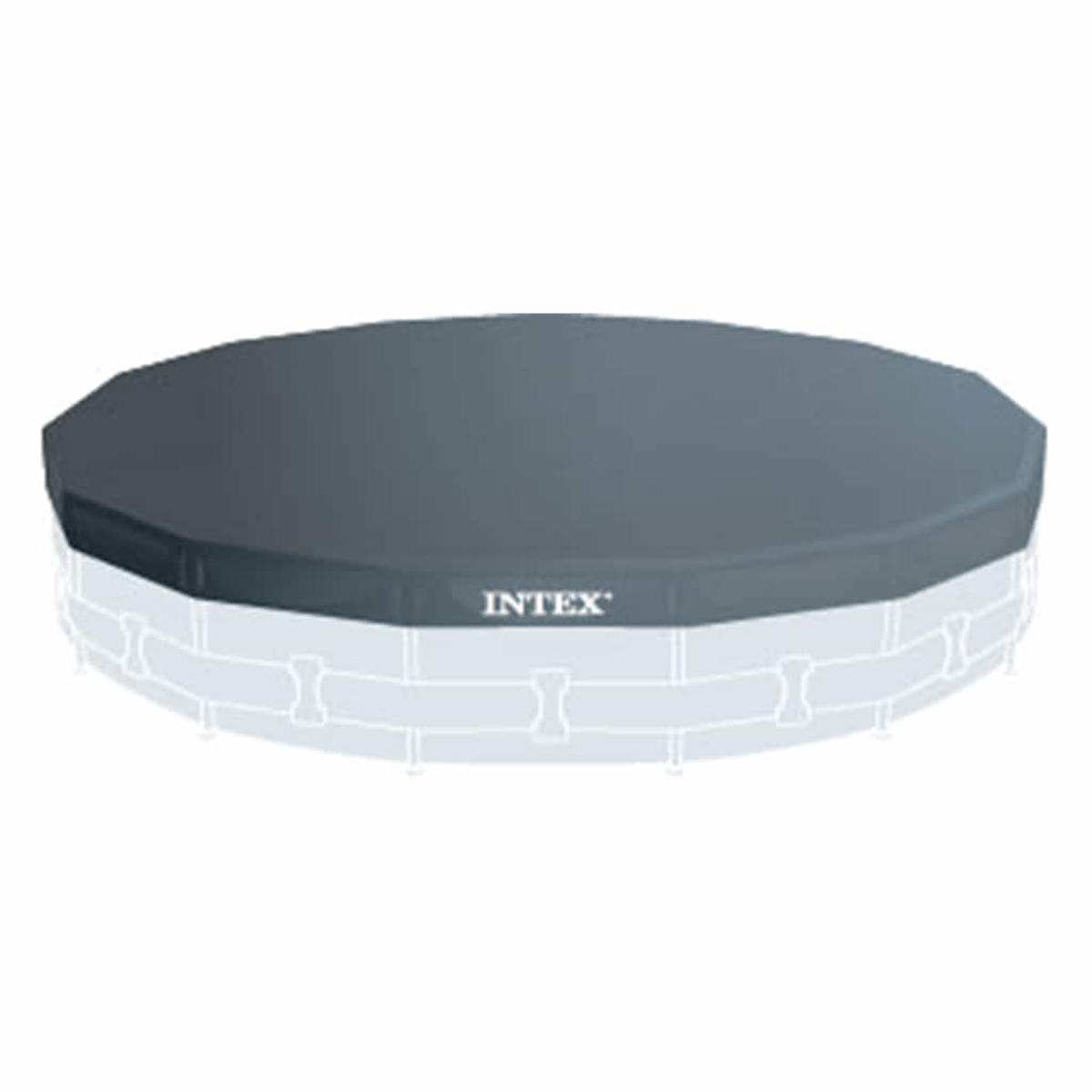 Eine graue Intex-Poolabdeckung liegt über einem teilweise sichtbaren Pool. Das Intex-Logo ist auf der Abdeckung zu sehen.