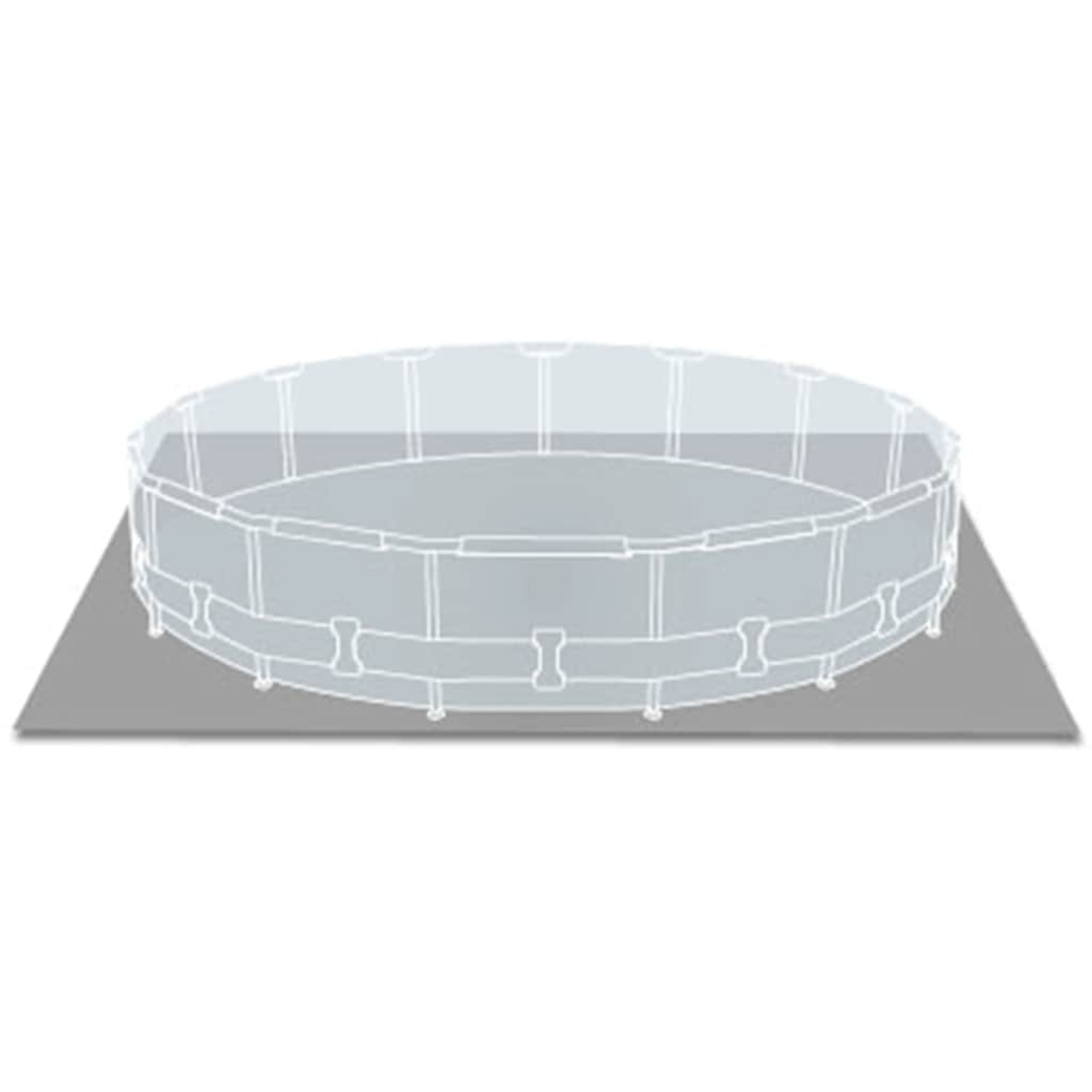 Ein oberirdischer Pool auf einer grauen Matte. Der Pool ist rund mit einem transparenten Rahmen. Der Hintergrund ist weiß.