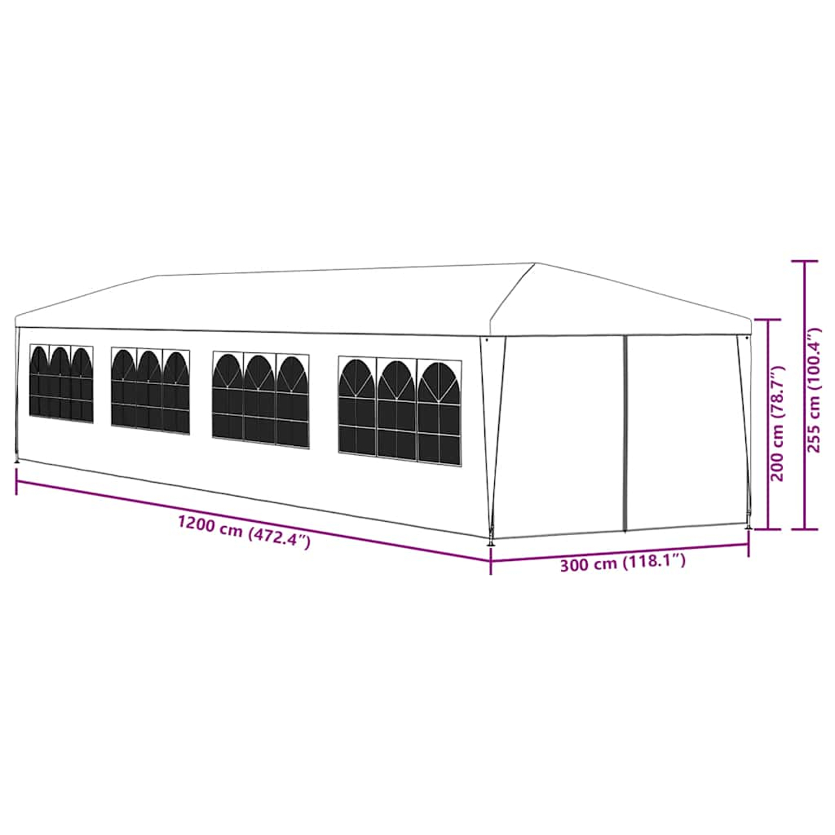Ein weißes rechteckiges Zelt mit gewölbten Fenstern, gekennzeichnet mit den Maßen: 1200cm, 300cm, 200cm und 255cm. Auf weißem Hintergrund.