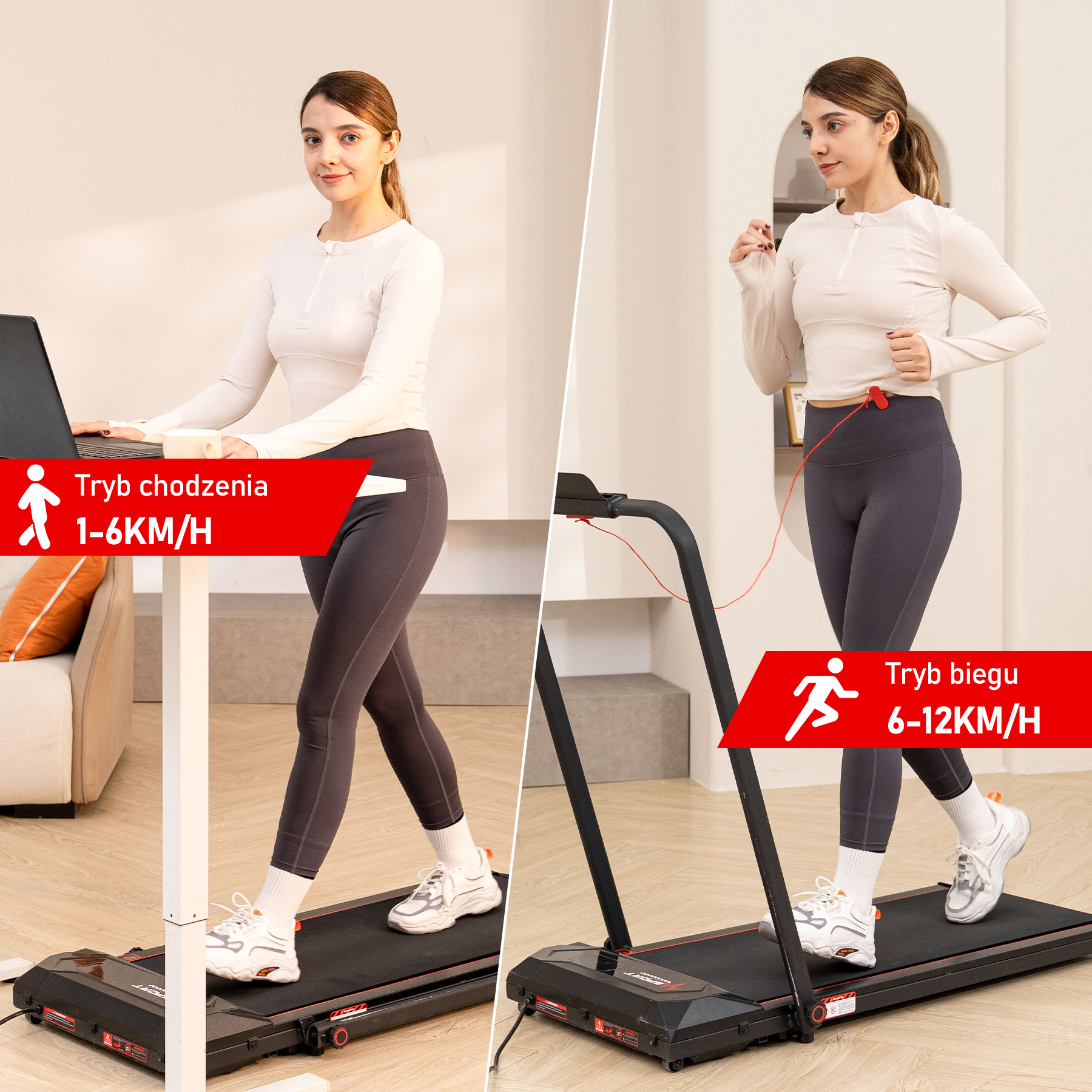 Kobieta na bieżni, chodzi i biega. Prędkość na czerwonych bannerach. Białe ubrania, ciemne legginsy, białe trampki.