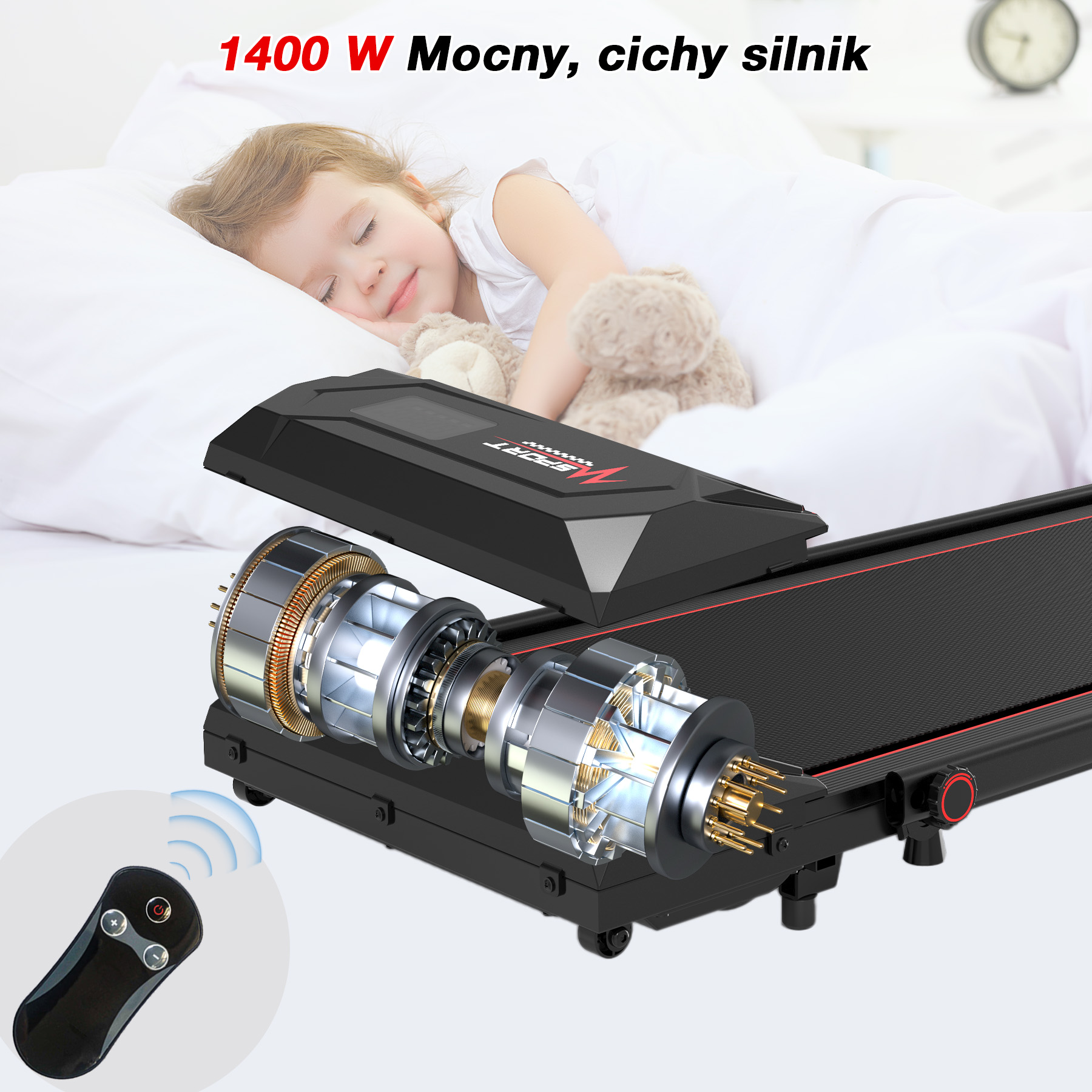 Śpiące dziecko i bieżnia z widokiem na silnik, pilot i zegar. Tekst mówi '1400W Mocny, cichy silnik'.