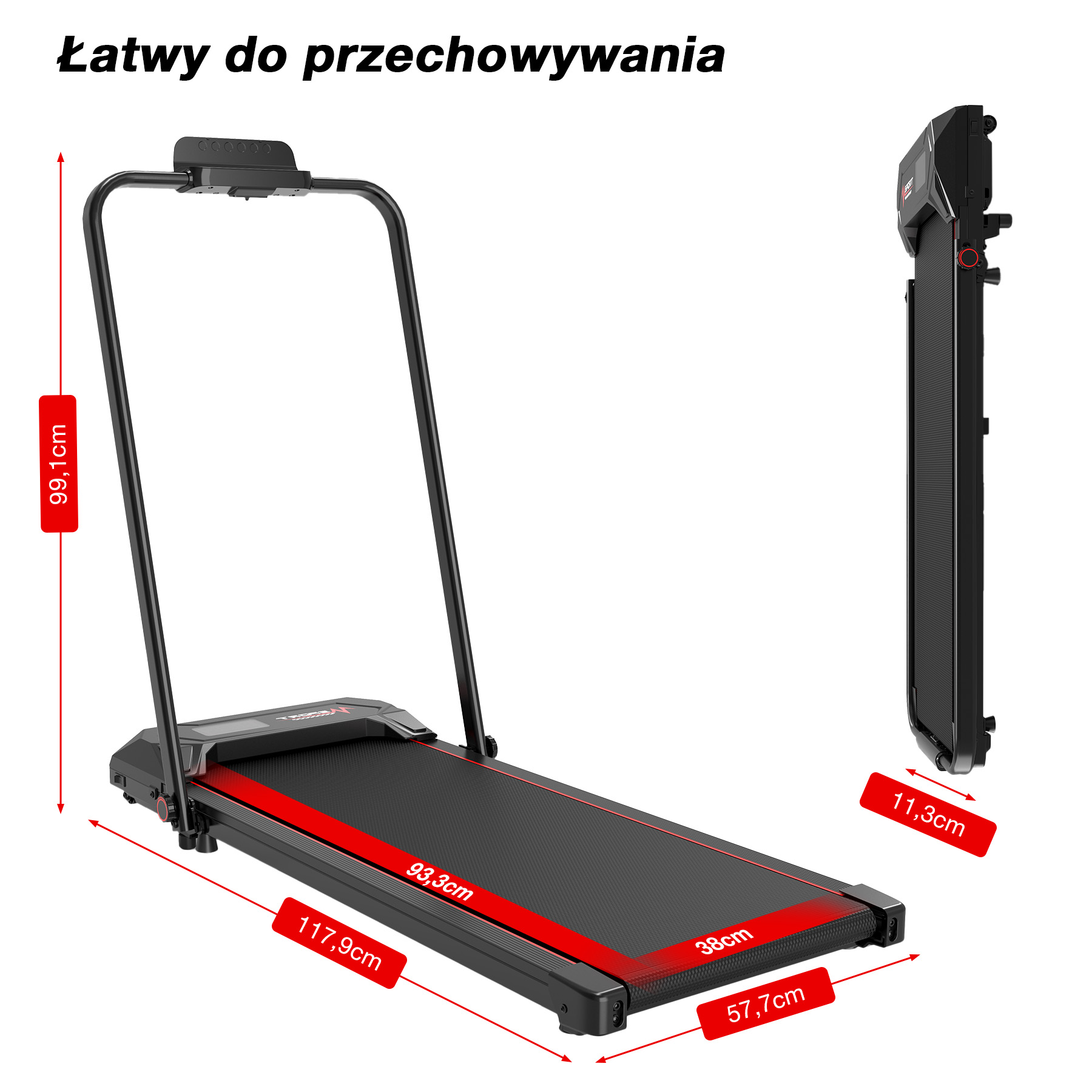 Czarna bieżnia z czerwonymi akcentami pokazana z różnych perspektyw. Wyświetlane są wymiary. Widnieje napis 'łatwy do przechowywania'.