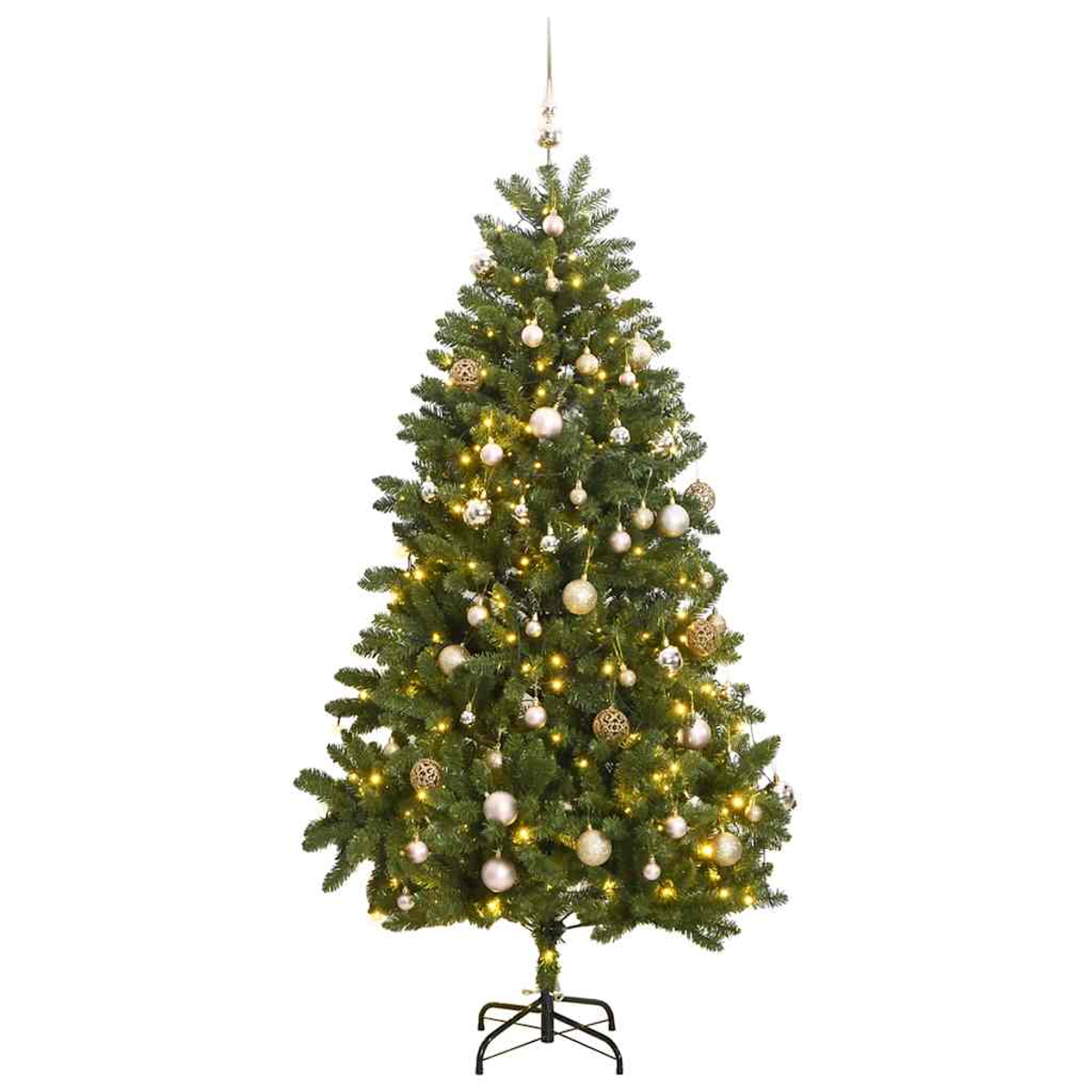 Ein geschmückter Weihnachtsbaum mit Ornamenten und Lichtern. Der Baum ist grün, mit goldenen und silbernen Ornamenten und einem Stern.