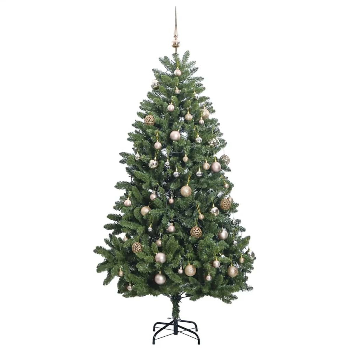 Ein dekorierter Weihnachtsbaum steht vor weißem Hintergrund. Er ist grün, mit goldenen und silbernen Ornamenten geschmückt und hat eine Sternspitze.