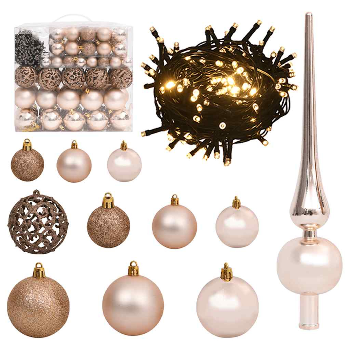Verschiedene Weihnachtsschmuck: glänzende, matte und strukturierte Kugeln, eine Baumspitze und eine Lichterkette. Alles in Gold und Creme.