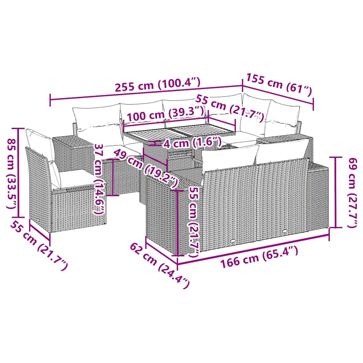 Diagrama de un juego de muebles de exterior de mimbre con dimensiones etiquetadas en centímetros y pulgadas.