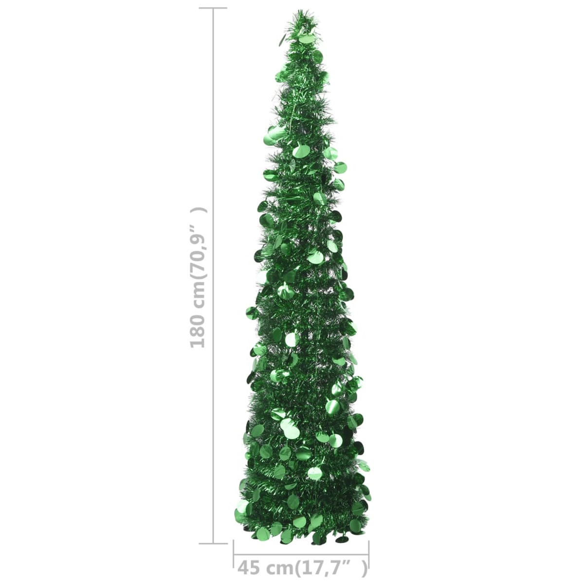 Ein grüner, geschmückter Weihnachtsbaum. Er ist hoch und schlank, mit glänzenden grünen Verzierungen. Der Baum steht auf weißem Hintergrund.