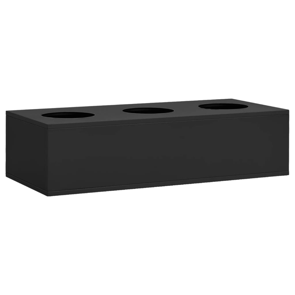 Eine schwarze rechteckige Box mit drei kreisförmigen Öffnungen oben. Die Box ist einfarbig und scheint aus Metall zu sein.