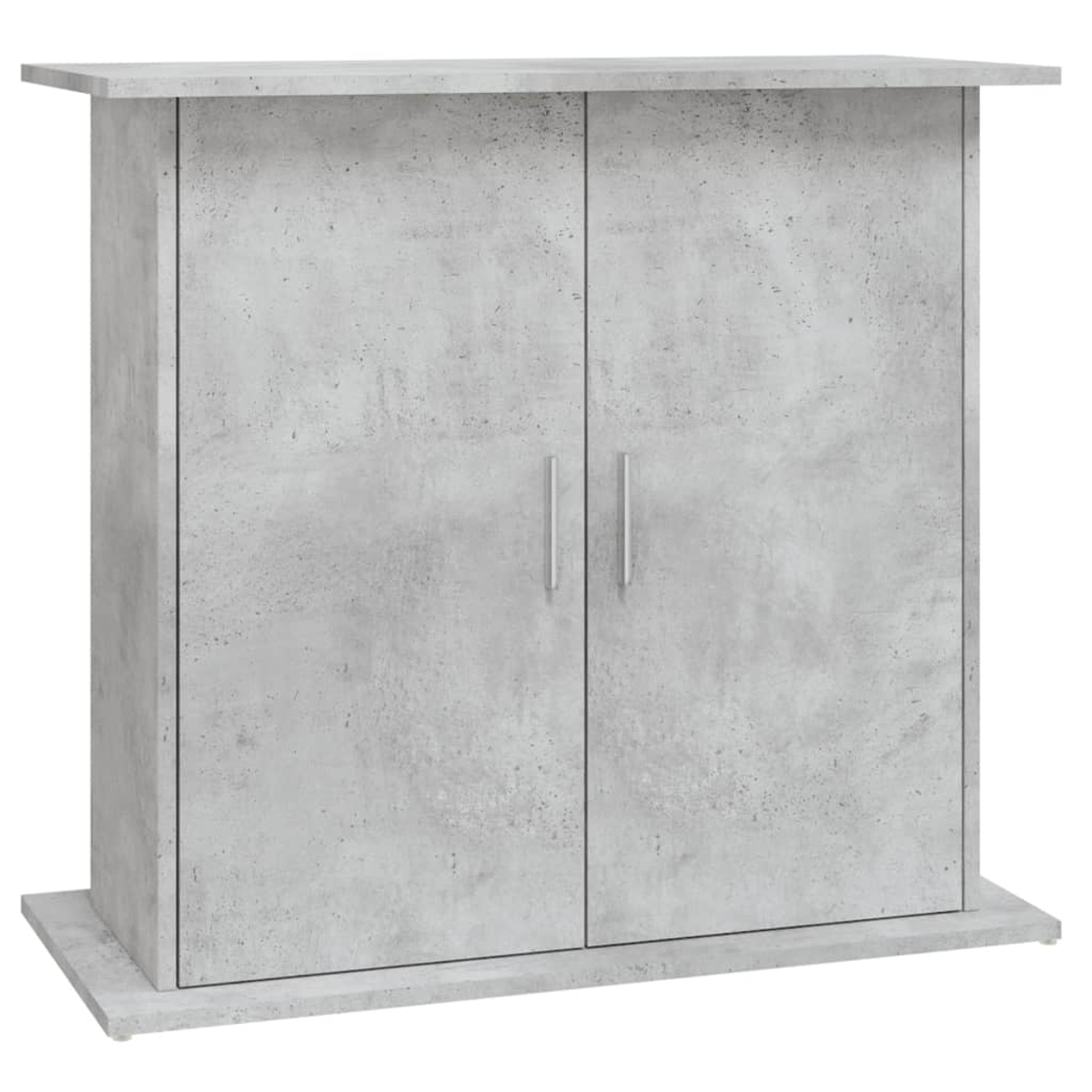 Ein grauer Schrank mit zwei Türen. Es ist aus Beton. An jeder Tür befinden sich zwei vertikale silberne Griffe. Der Schrank hat eine Basis und eine Oberseite.