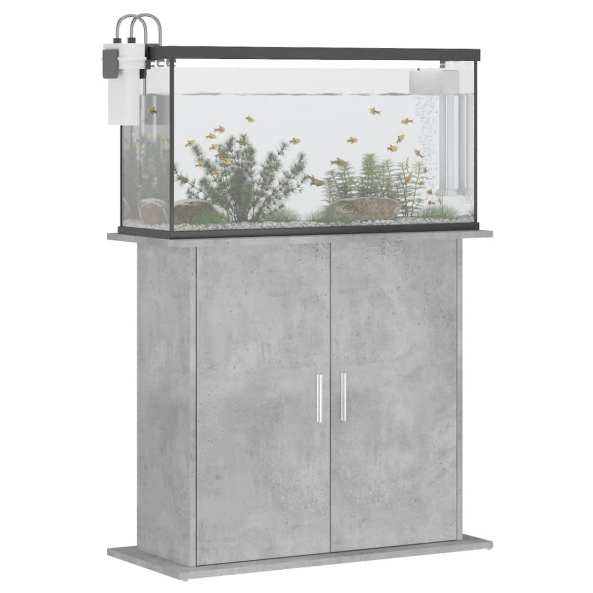 Ein Aquarium mit Fischen, Pflanzen und Steinen steht auf einem grauen Schrank mit zwei Türen. Ein Filter befindet sich links.