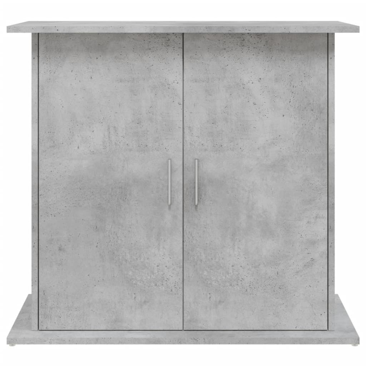 Ein grauer Schrank mit zwei Türen und zwei silbernen Griffen. Er hat eine Oberseite und eine Basis, alles in Betonoptik.