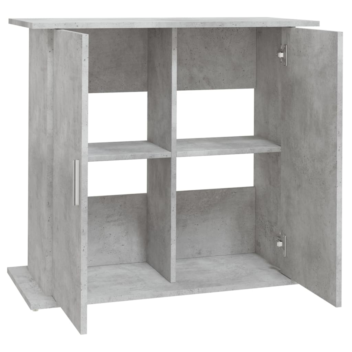 Ein grauer Schrank mit geöffneten Türen. Er hat Regale im Inneren. Der Schrank scheint aus Beton oder einem ähnlichen Material zu sein.