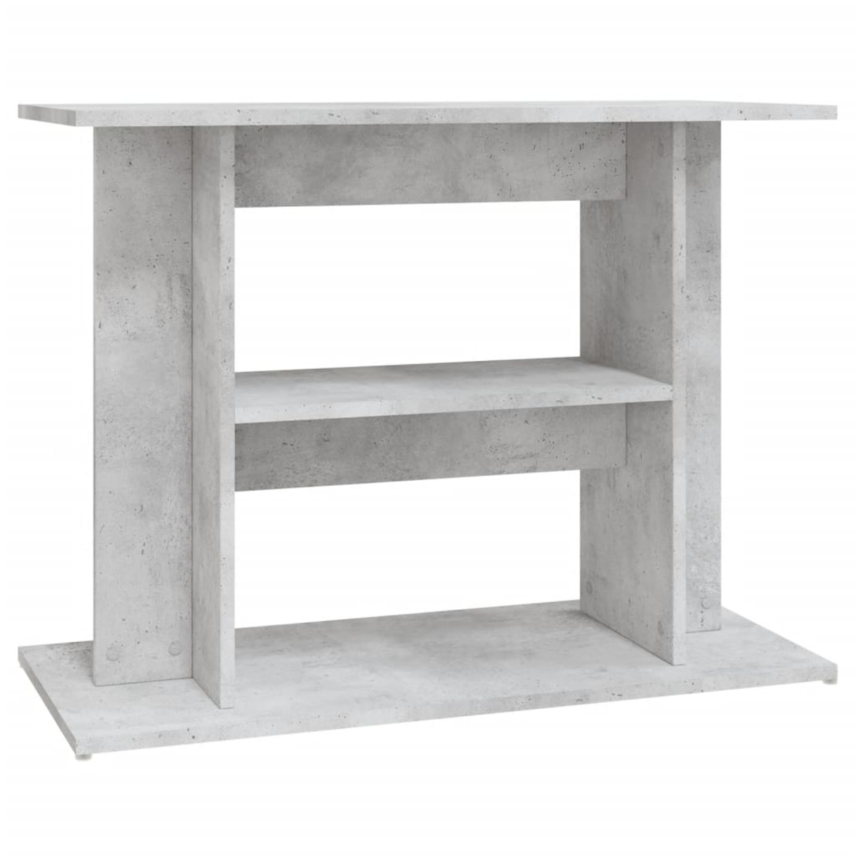 Ein hellgraues Regal im Beton-Look mit einer Ober-, Unter- und Mittelablage. Das Regal hat zwei vertikale Stützen.