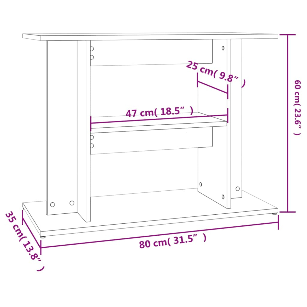 Ein weißer Holztisch mit Maßangaben in cm und Zoll. Er hat eine Oberseite, ein Regal und eine Basis. Abmessungen sind beschriftet.