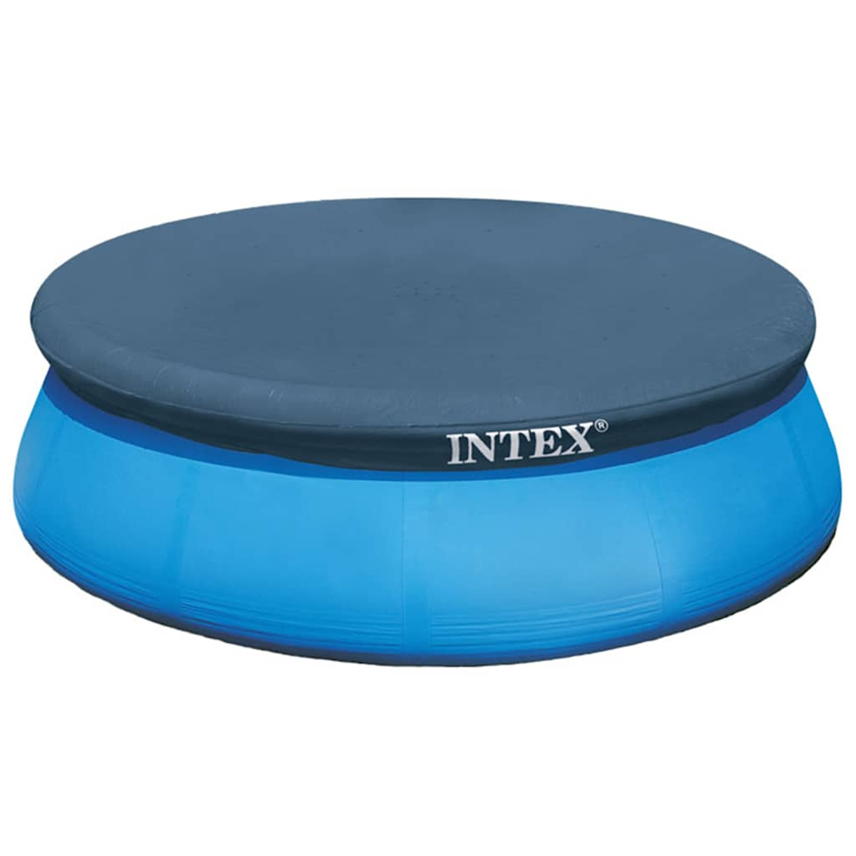 Ein runder, aufblasbarer blauer Pool mit grauem Deckel. Der Markenname 'INTEX' ist auf der Seite zu sehen.