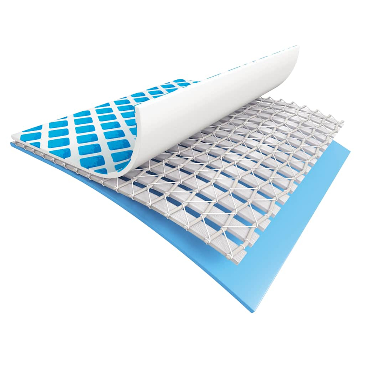 Schichtdiagramm einer blau-weißen Struktur. Die obere Schicht hat blaue Rechtecke. Die mittlere Schicht ist ein Gitter. Die untere Schicht ist hellblau.