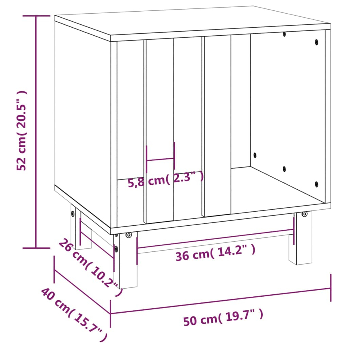 Ein weißer Holzschrank mit beschrifteten Abmessungen. Er hat eine rechteckige Form mit einem offenen Fach und Stützbeinen.
