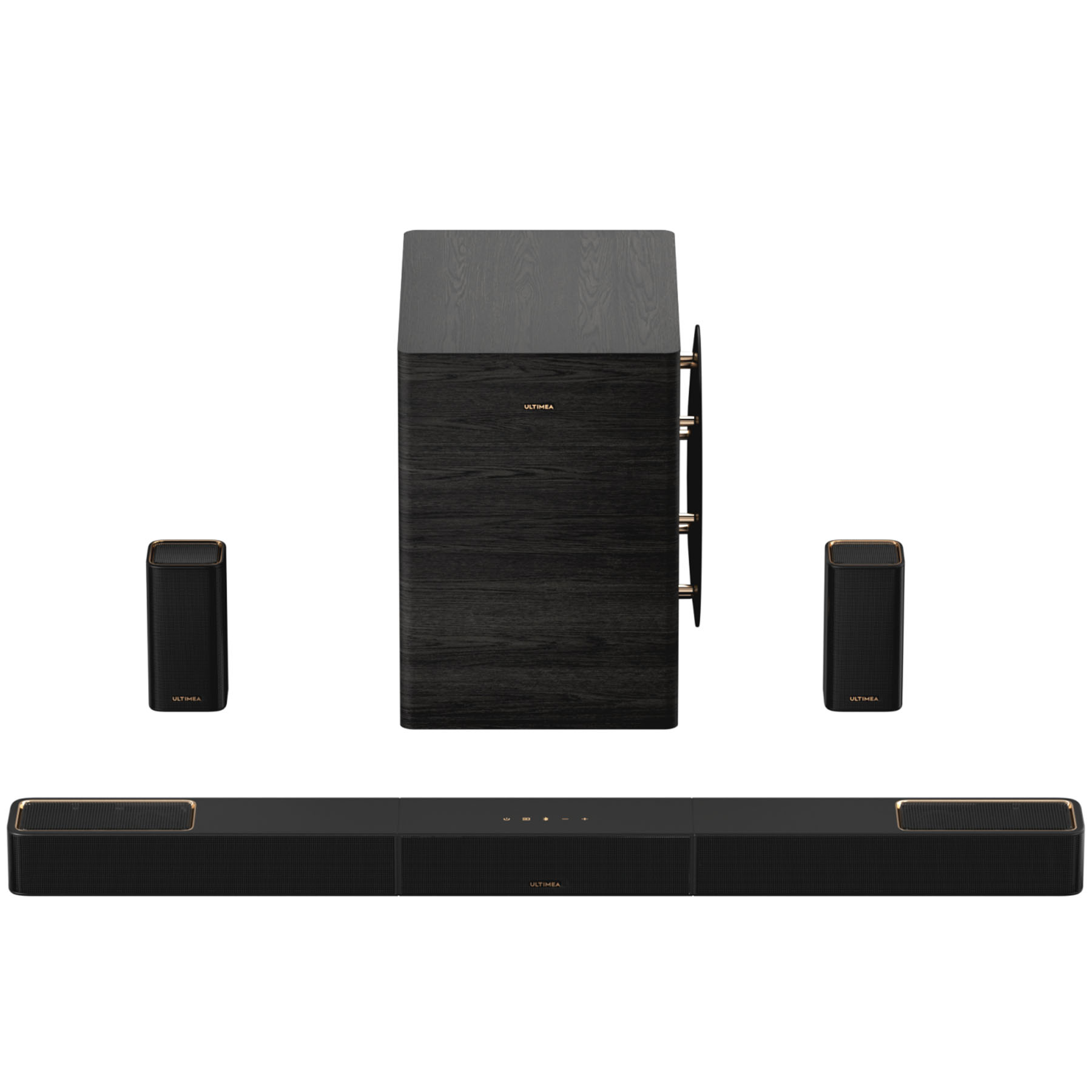 Czarny system dźwiękowy Ultimea. Posiada subwoofer, soundbar i dwa głośniki satelitarne, wszystkie ze złotymi akcentami.
