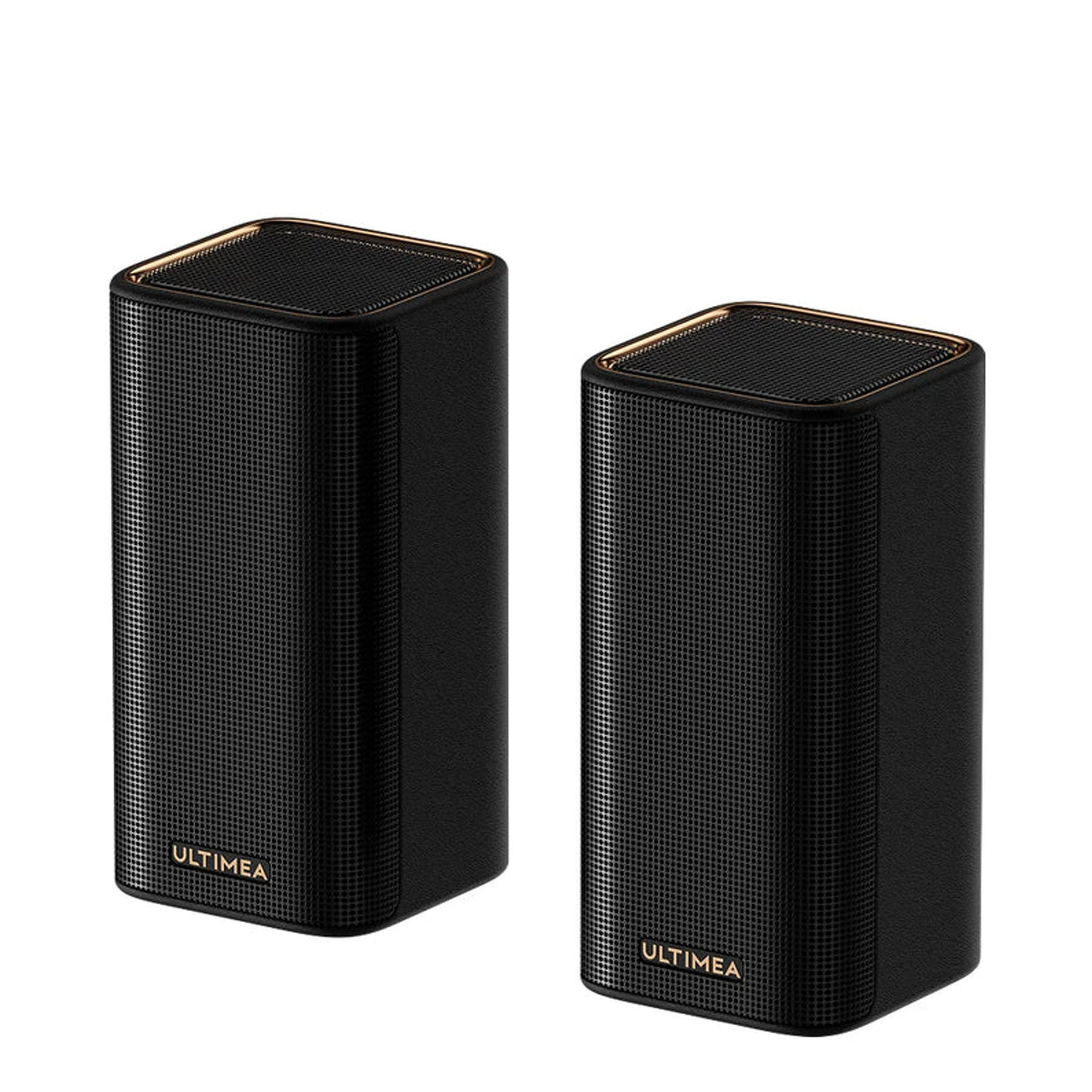 Dwa czarne prostokątne głośniki ze złotym obramowaniem, widoczna nazwa marki 'ULTIMEA'.