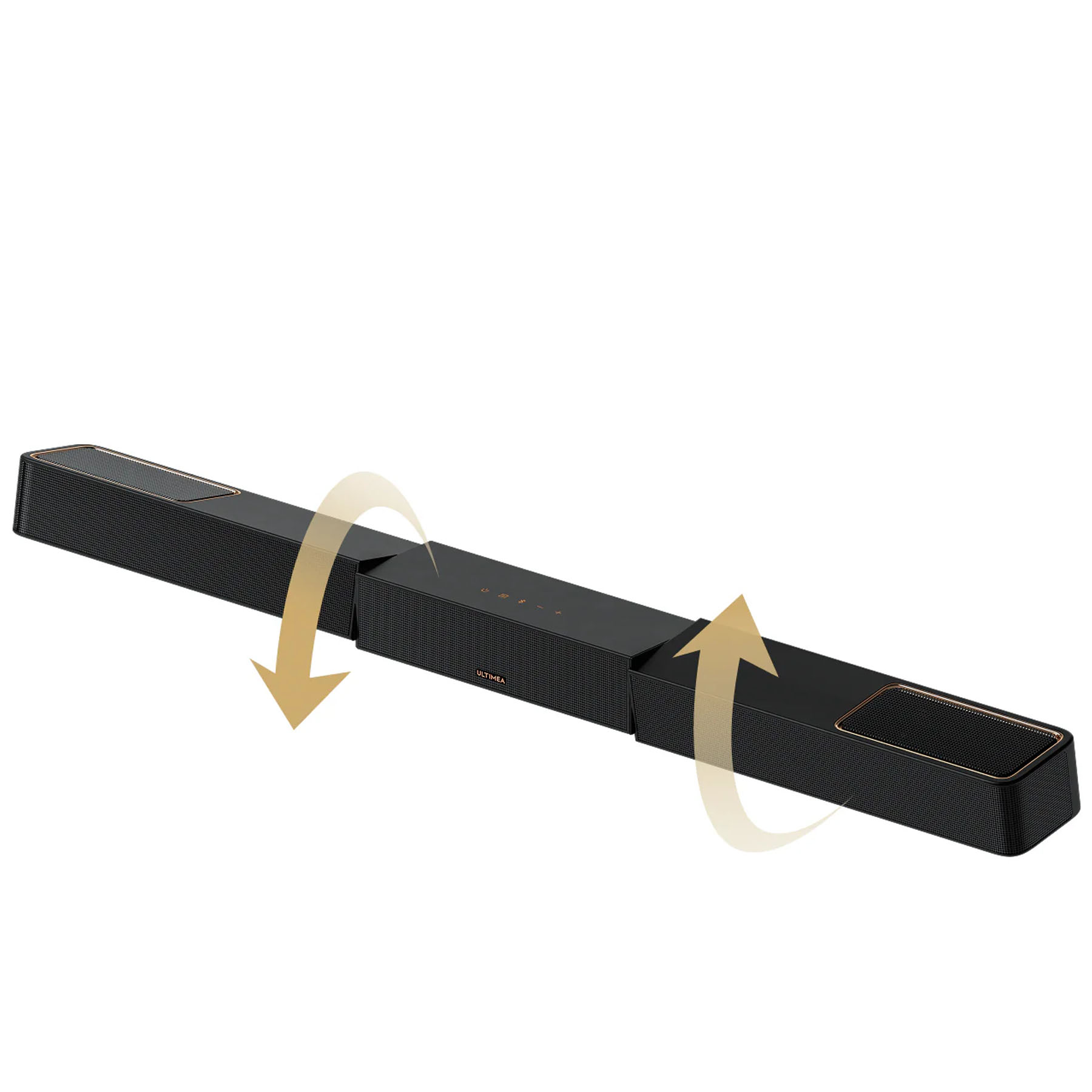 Czarny soundbar ze złotymi akcentami, rozszerzalny. Strzałki pokazują ruch. Marka to Ultima.