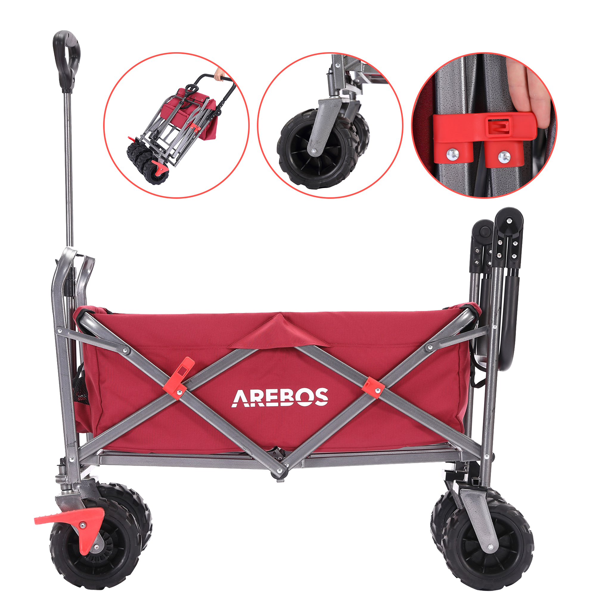 Ein rot-grauer Klappwagen mit schwarzen Rädern. Details sind Griff, Faltmechanismus und das AREBOS-Logo.