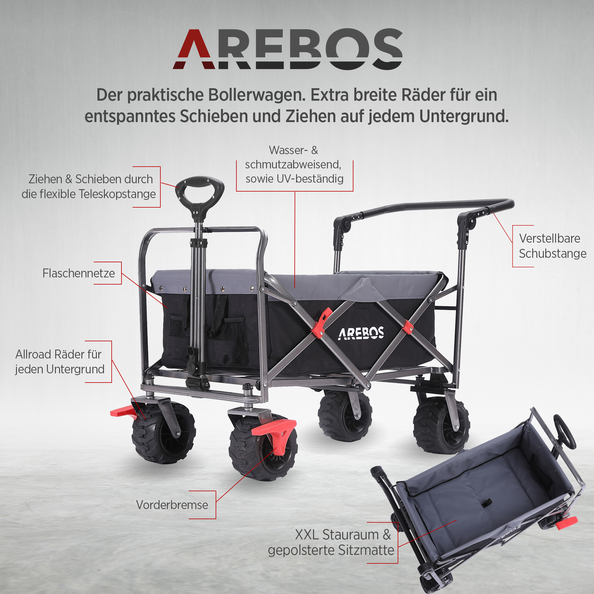 Ein AREBOS-Wagen wird gezeigt. Er hat einen schwarzen Rahmen, grauen Stoff, große schwarze Räder mit roten Akzenten und einen Teleskopgriff.