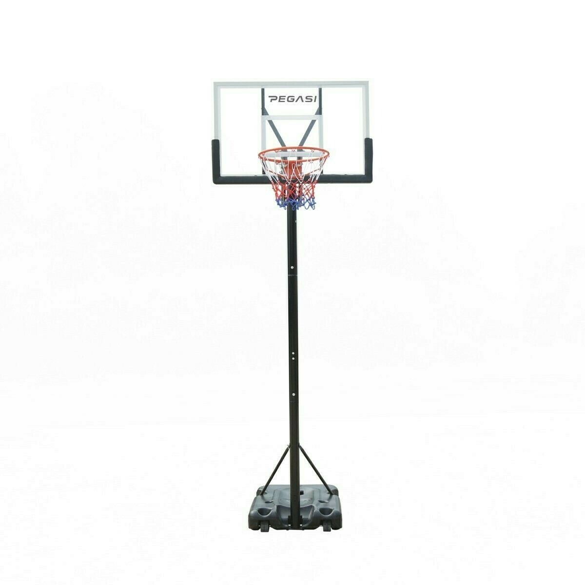 A basketball hoop with a transparent backboard and red, white, and blue net. It's on a black pole with a black base. The background is white.
