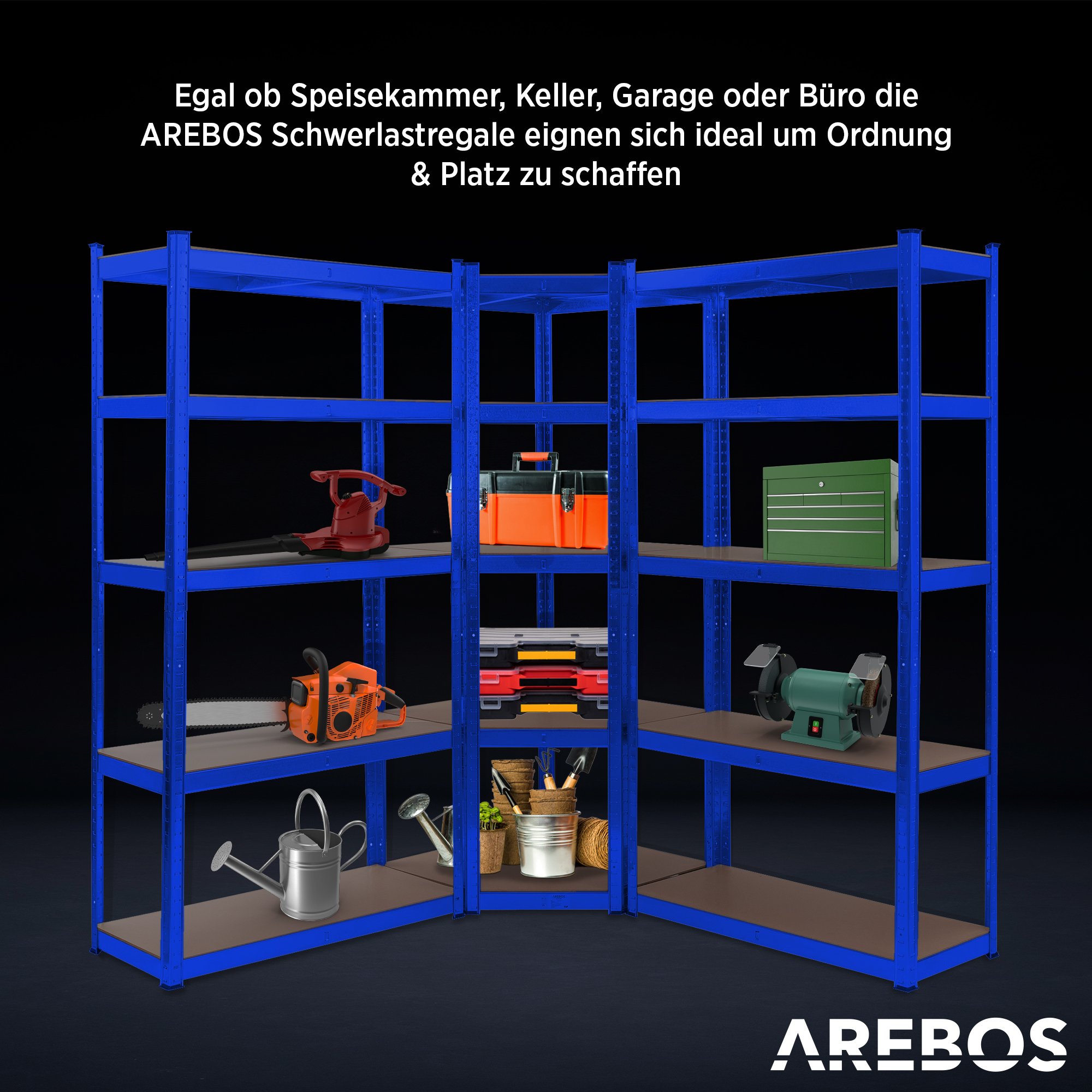 Blaues Metallregal mit Werkzeugen. Enthält eine Kettensäge, eine Werkzeugkiste und einen grünen Schleifer. Schwarzer Hintergrund und AREBOS-Logo.