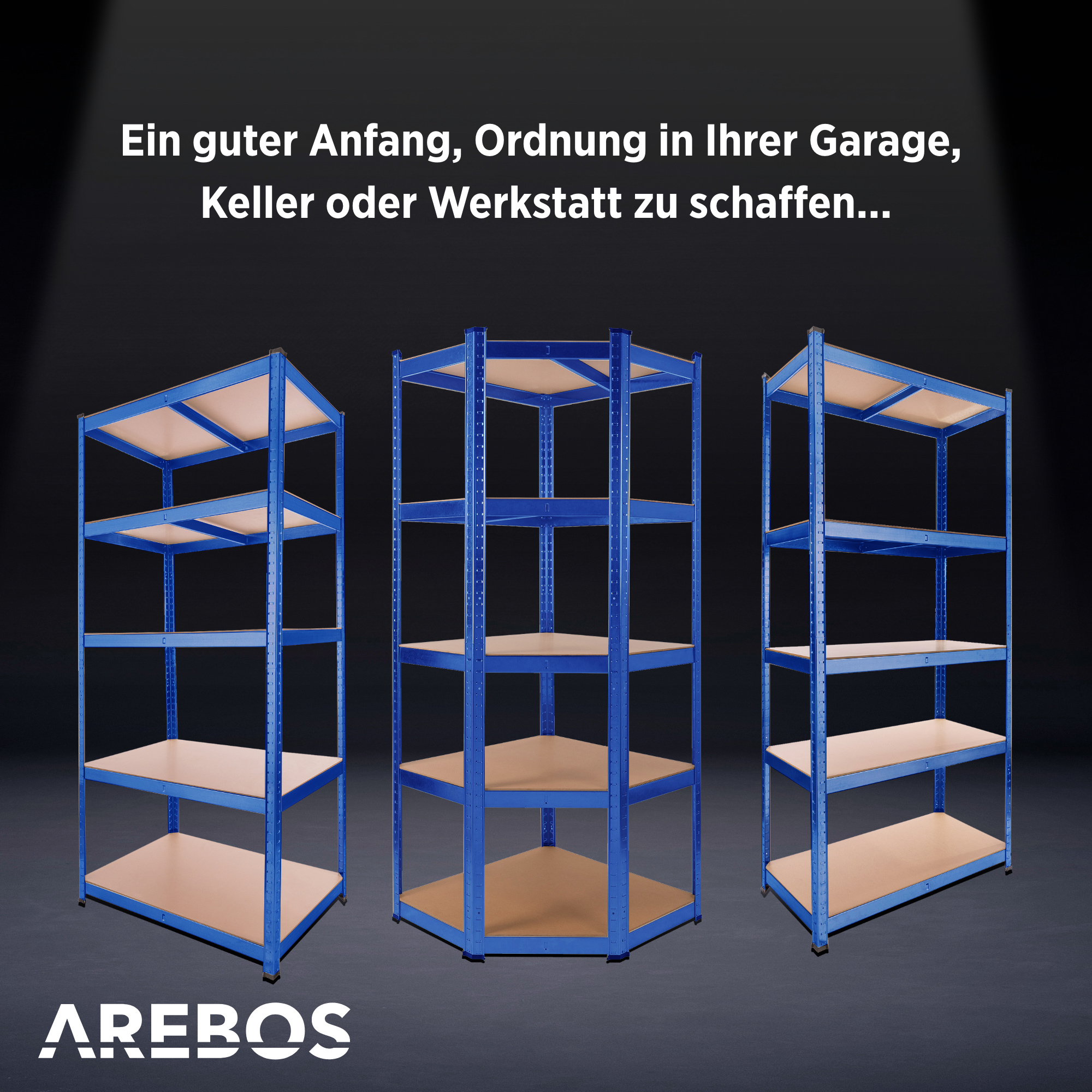 Drei blaue Metallregale mit Holzregalen. Text: Ein guter Anfang, um Ordnung in Ihrer Garage, Keller oder Werkstatt zu schaffen.