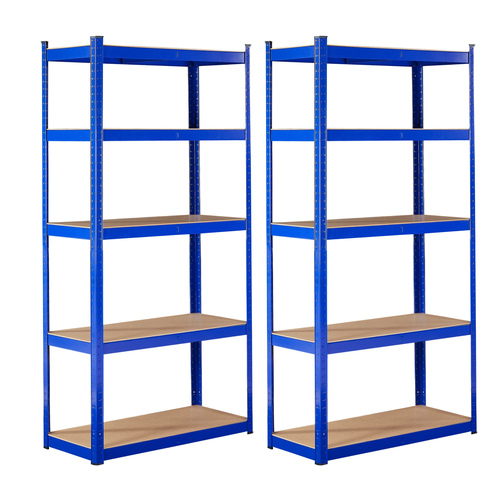 Zwei blaue Metallregale nebeneinander, jedes mit fünf Holzregalen. Weißer Hintergrund.