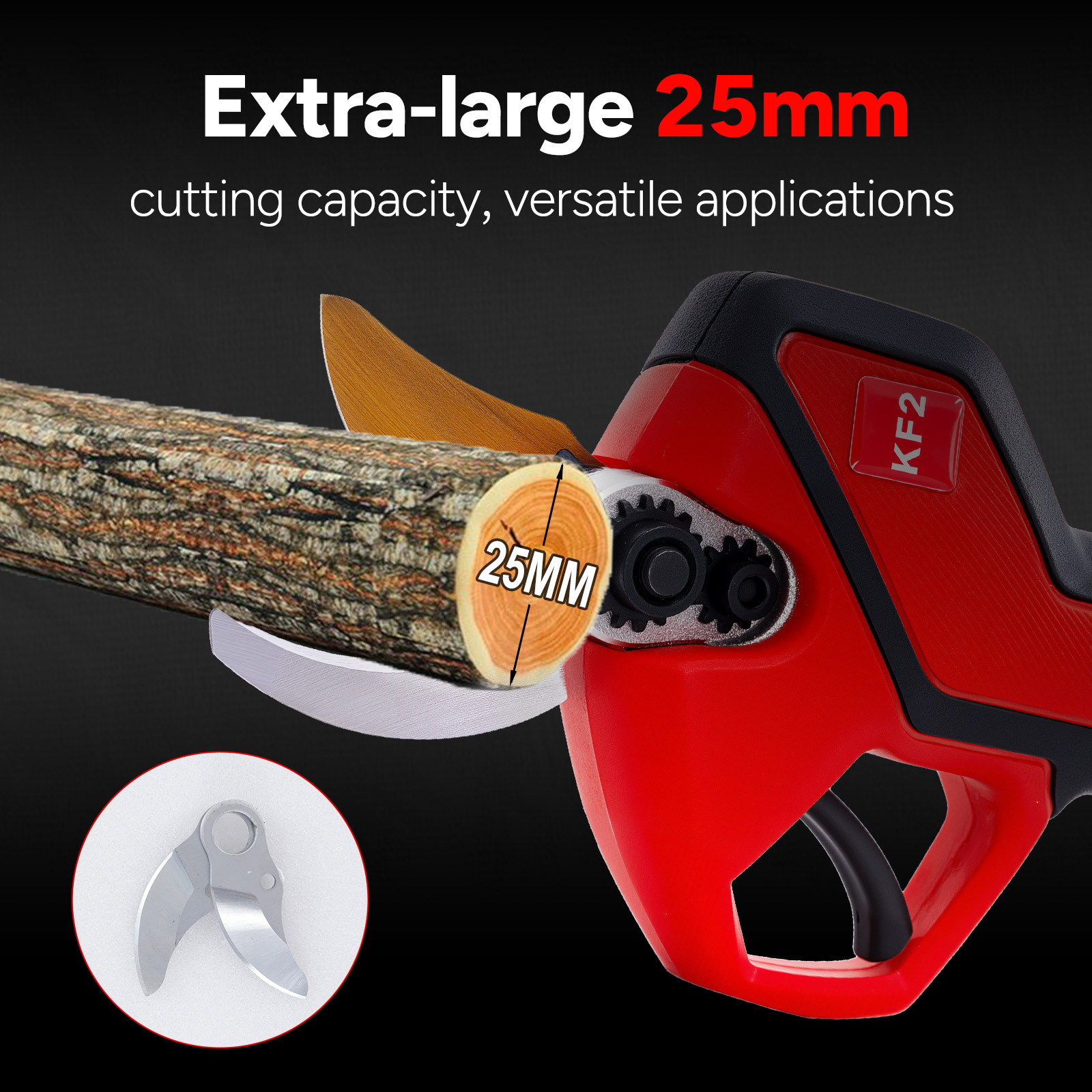 Elektryczne nożyce do przycinania tnące gałąź. Czerwono-czarne narzędzie o zdolności cięcia 25 mm. Zawiera zapasowe ostrze.