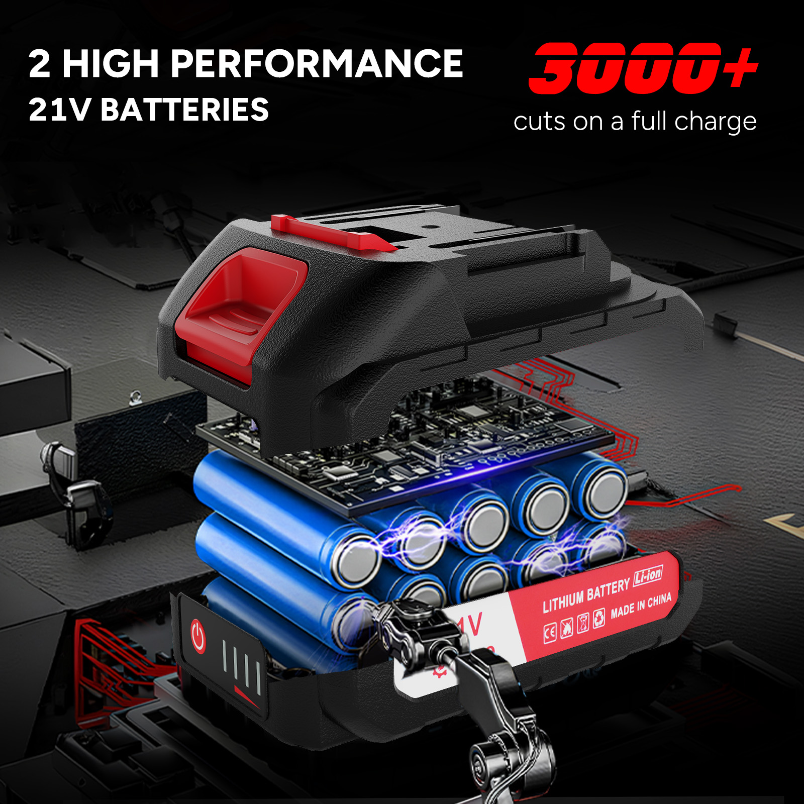 Przekrój czarno-czerwonego zestawu akumulatorów z niebieskimi bateriami w środku, tekst brzmi: '21V baterie'.