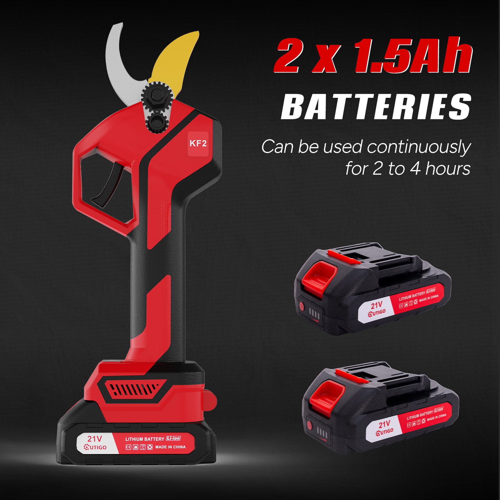 Czerwono-czarne elektryczne nożyce do przycinania z dwoma bateriami. Tekst wskazuje, że baterie mają 21 V i działają 2-4 godziny.