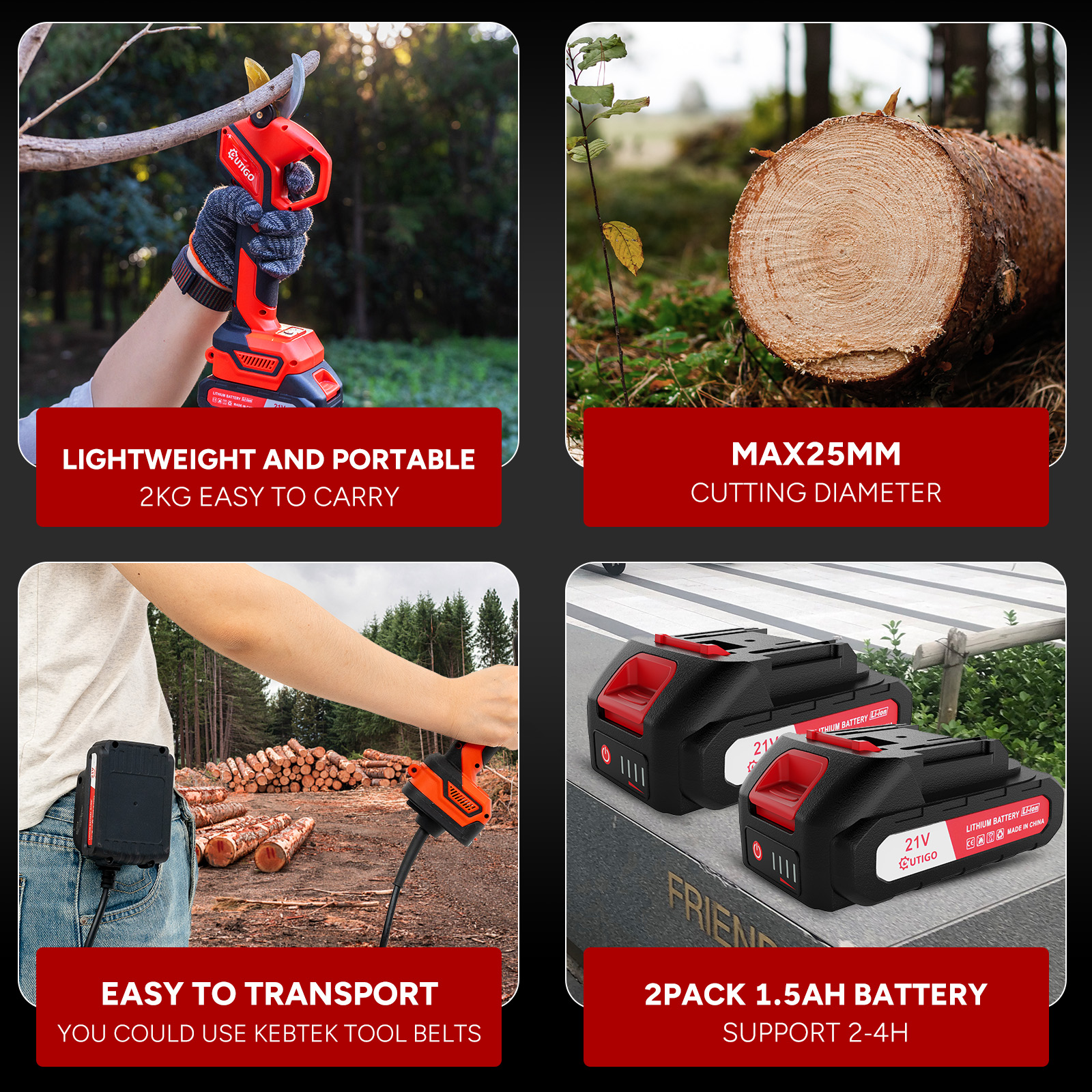 Zdjęcie przedstawia czerwono-czarną maszynę do przycinania, kłodę, dwa akumulatory i osobę. Tekst: lekki, maks. średnica cięcia, łatwy transport.