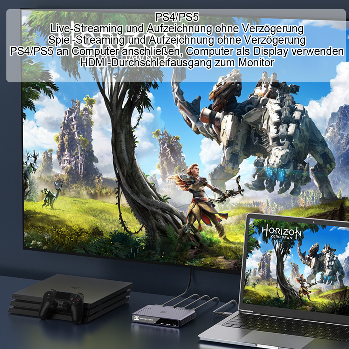 Ein Setup zeigt ein Videospiel auf Fernseher und Laptop. PS4/PS5, Capture Card und Controller im Vordergrund.