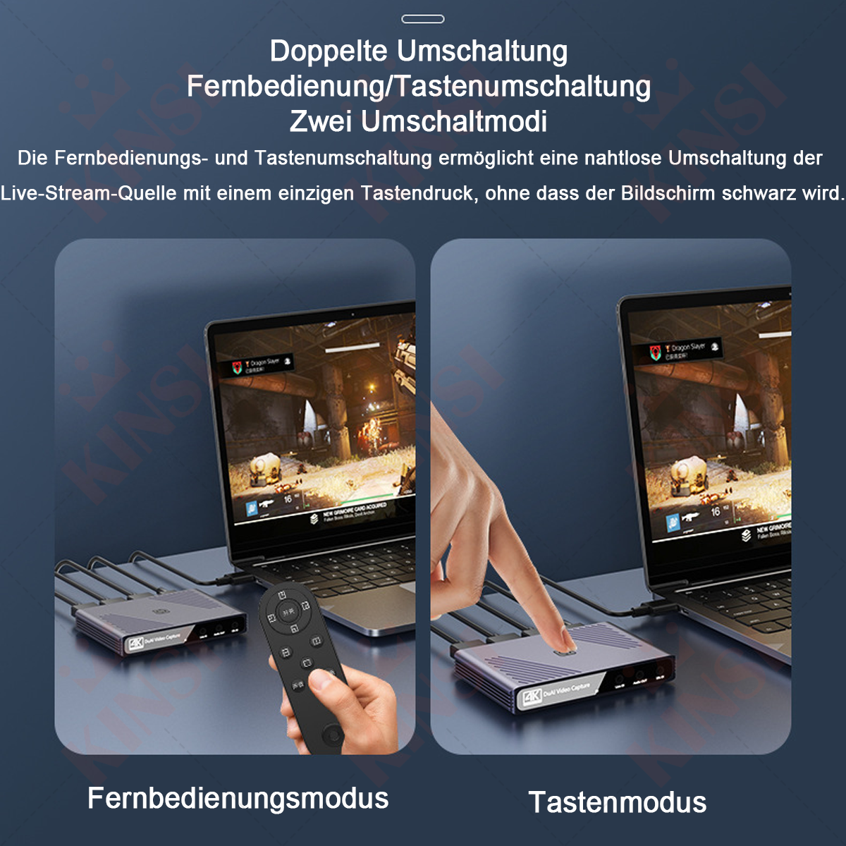 Das Bild zeigt zwei Laptops mit Spielszenen, die an Aufnahmegeräte angeschlossen sind. Einer wird per Fernbedienung, der andere per Touch gesteuert.