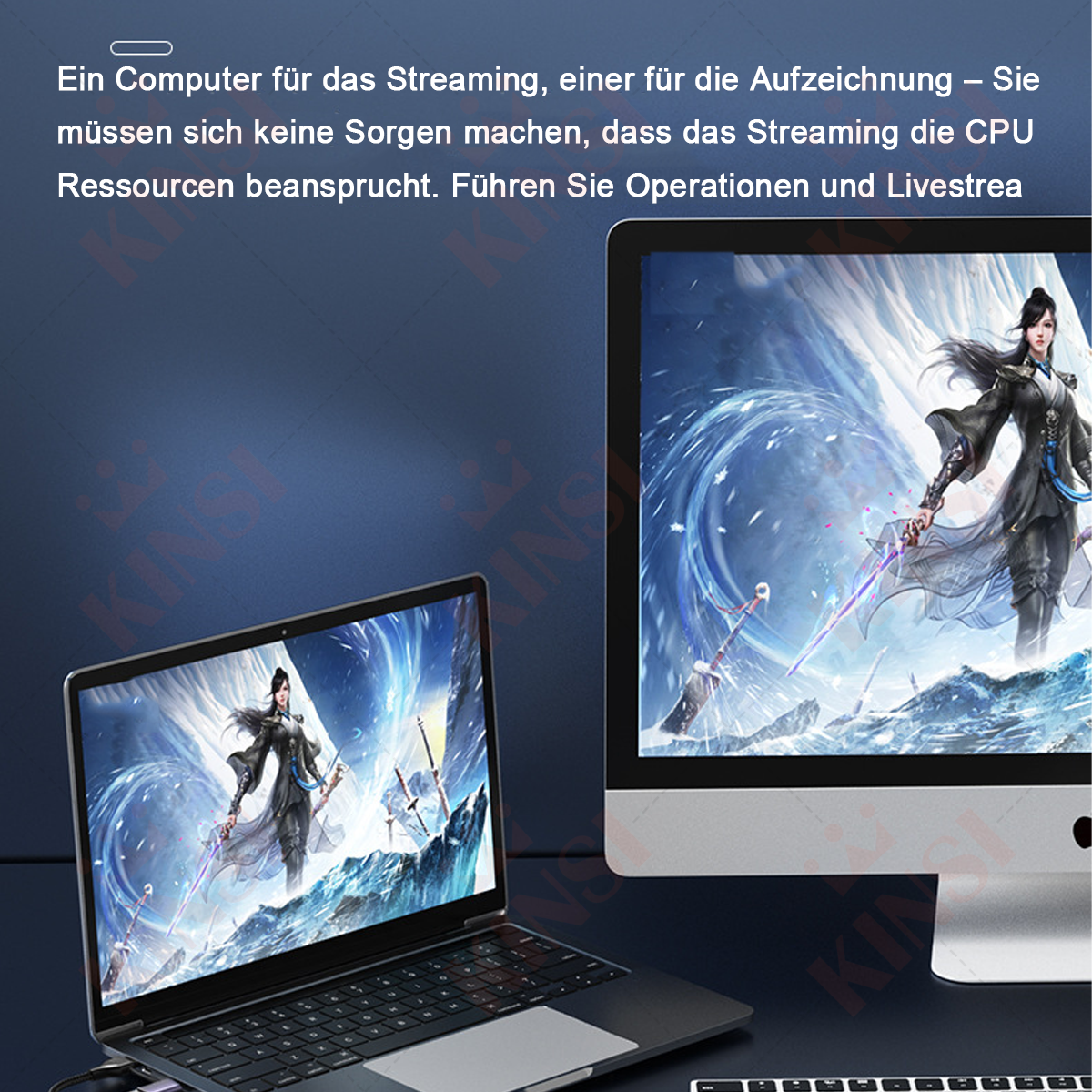 Laptop und Monitor, die einen Videospielcharakter anzeigen. Unter dem Monitor befindet sich eine Tastatur. Text auf Deutsch im Hintergrund.