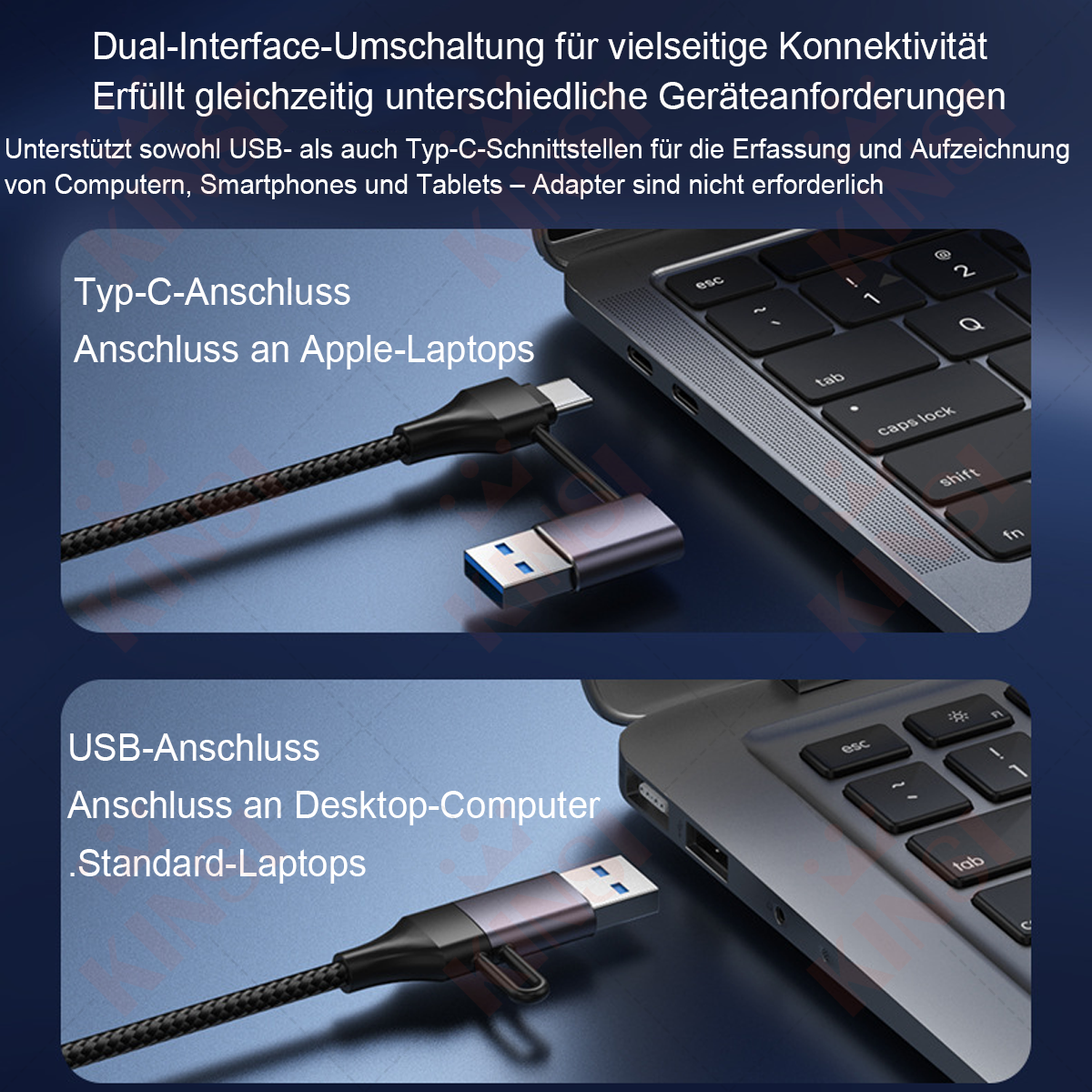 Das Bild zeigt USB- und Typ-C-Anschlüsse für Laptops. Text beschreibt Dual-Interface für Konnektivität. Eine Laptop-Tastatur im Hintergrund.