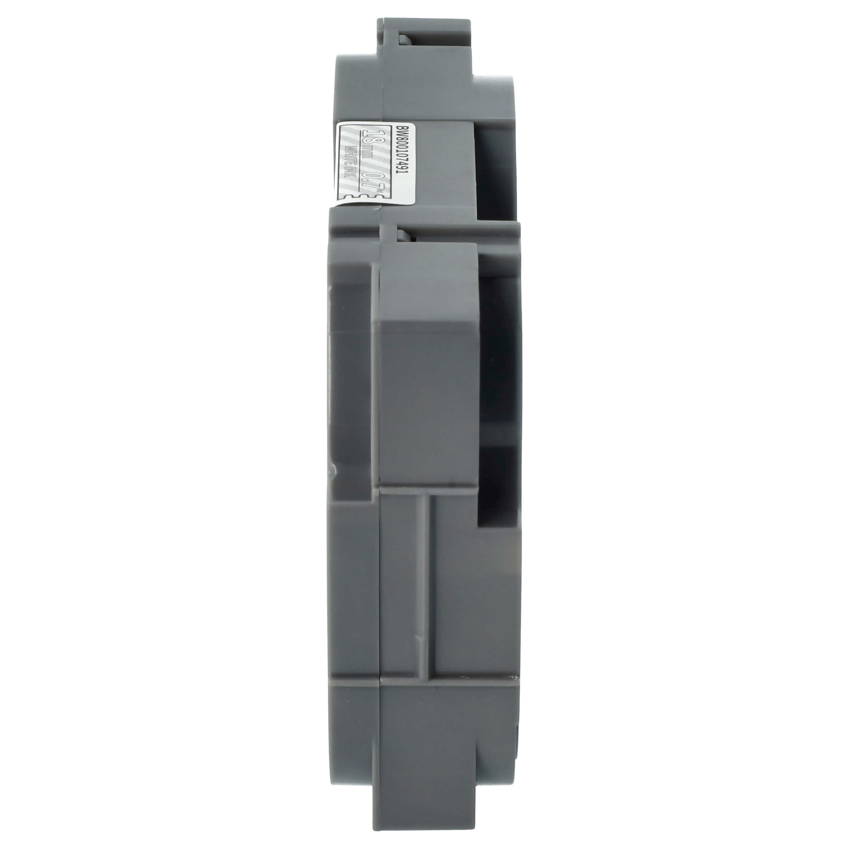 Graues elektrisches Bauteil mit Etikett. Das Bauteil ist rechteckig mit mehreren Schichten und einem Etikett oben.