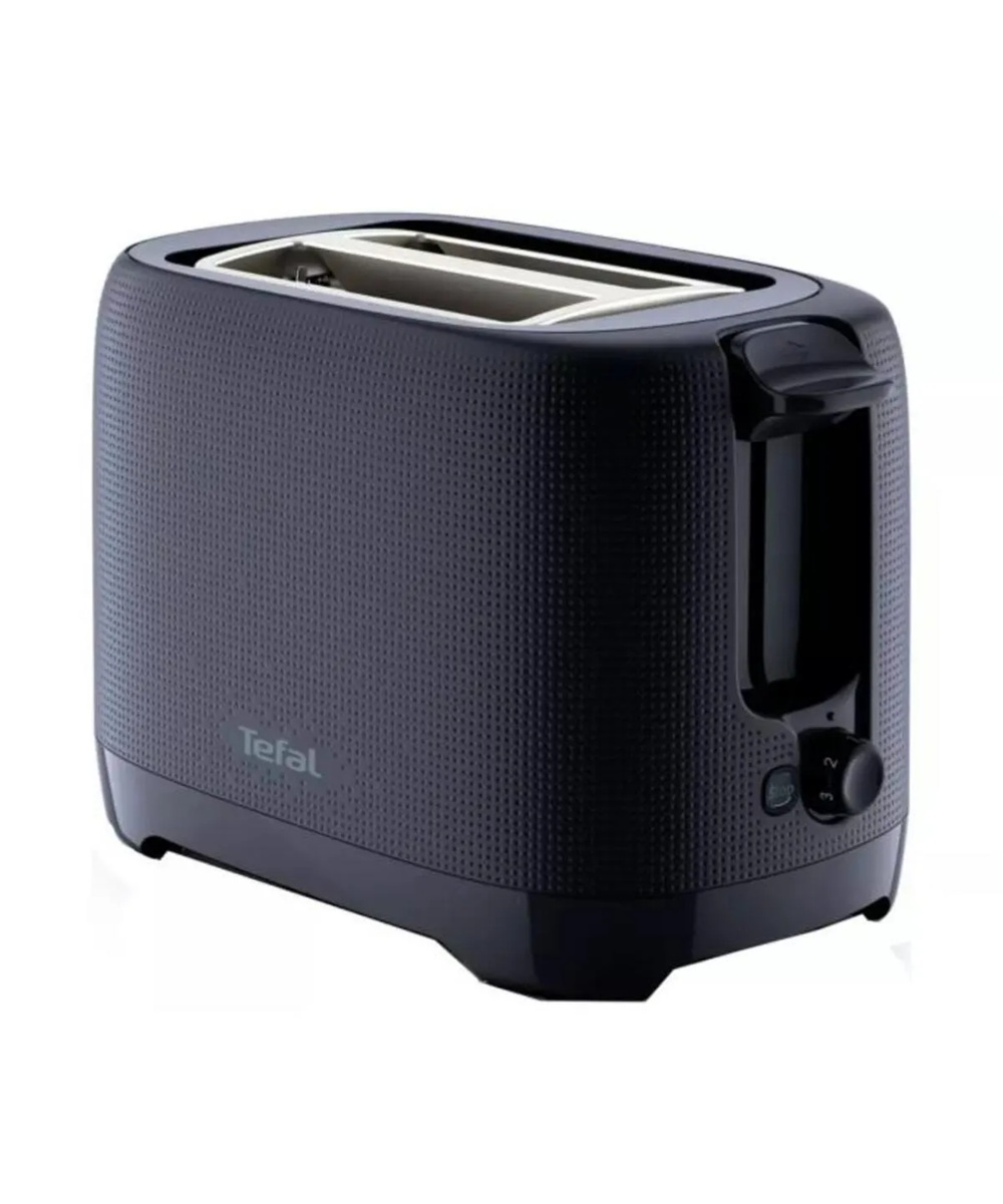 Dokulu yüzeye, iki yuvaya ve bir kadranaya sahip siyah bir Tefal tost makinesi. Marka adı görünür.