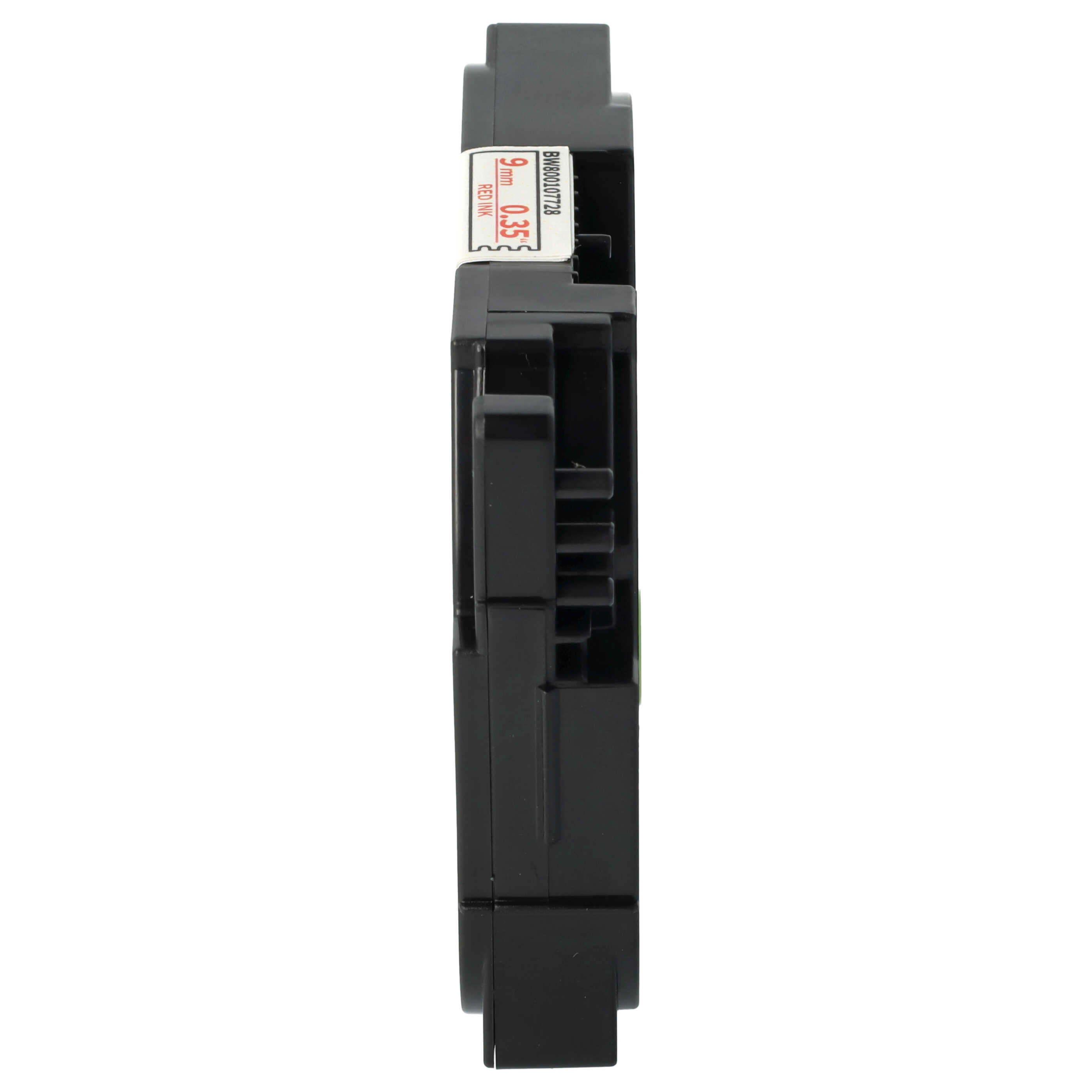 Schwarze Tintenpatrone mit Etikett. Das Etikett lautet: '9 mm 0,35 Rote Tinte' und hat einen Produktcode.