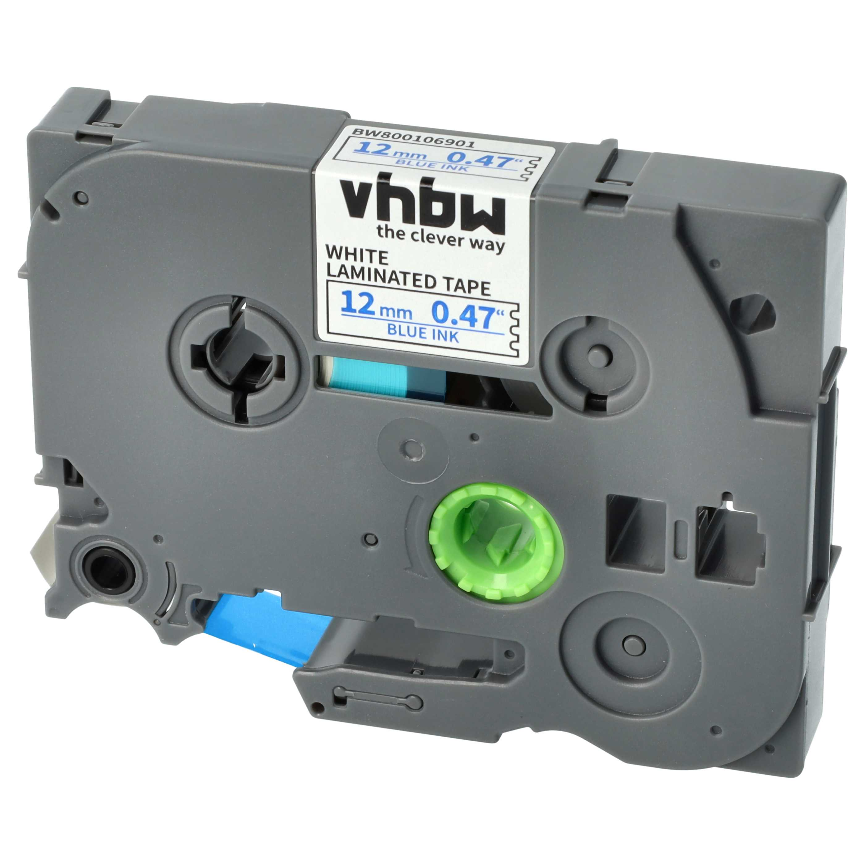 Graue vhbw-Etikettenbandkassette. Sie hat weißes laminiertes Band mit blauer Tinte. Die Kassette ist meist grau.