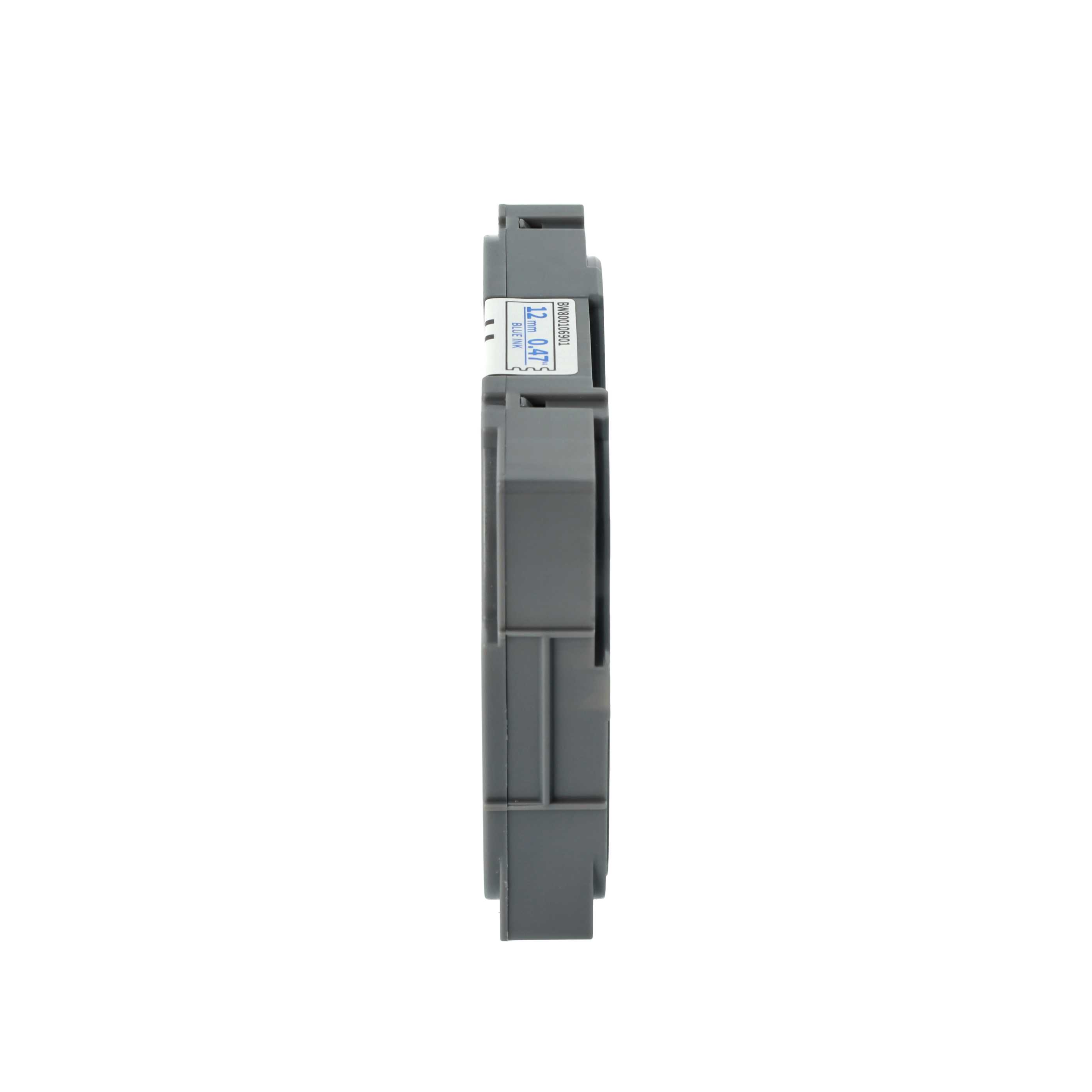Graues elektrisches Bauteil mit Etikett auf weißem Hintergrund.