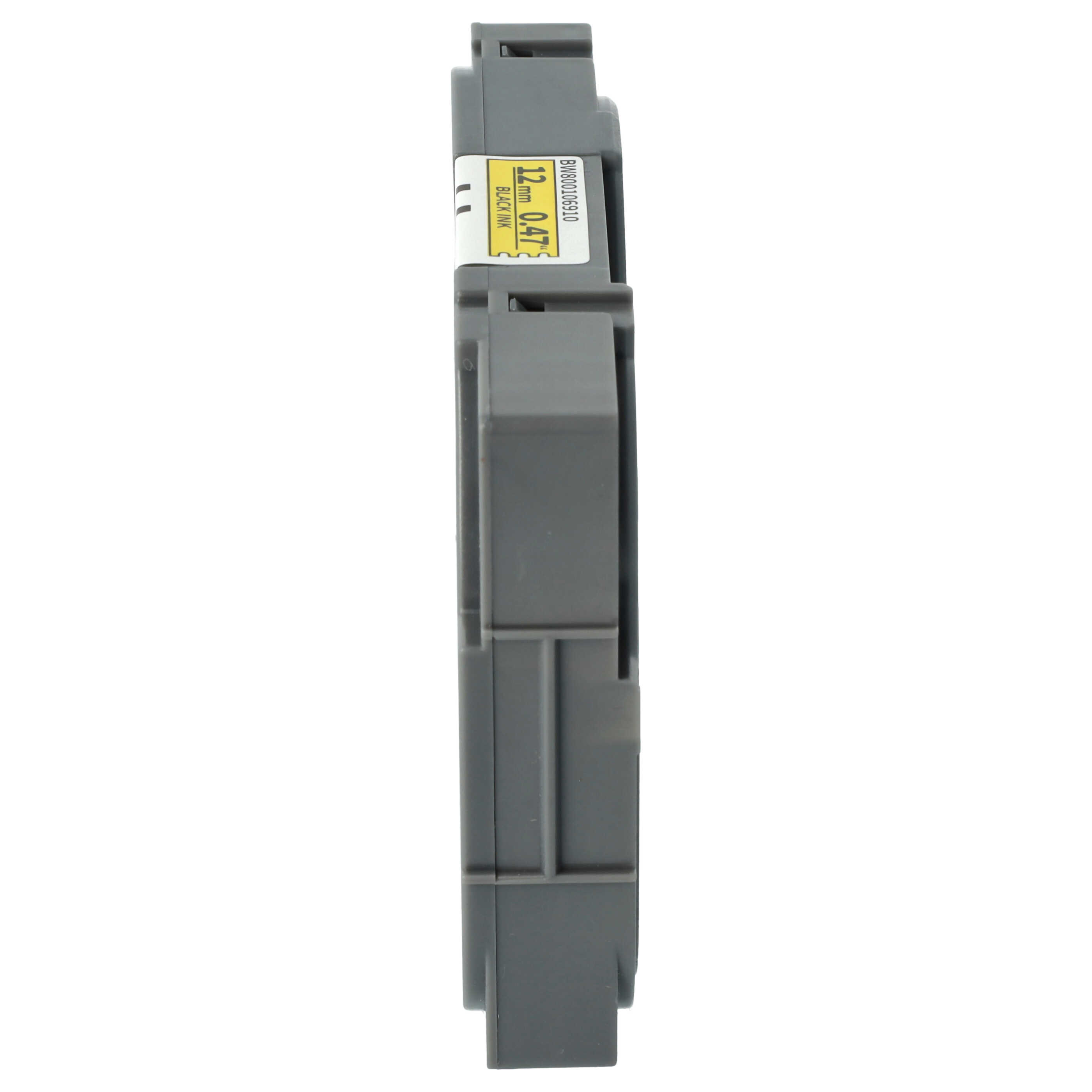 Eine graue elektronische Komponente mit einem gelben Etikett. Das Etikett zeigt die Größe, Tintenart und einen Produktcode.