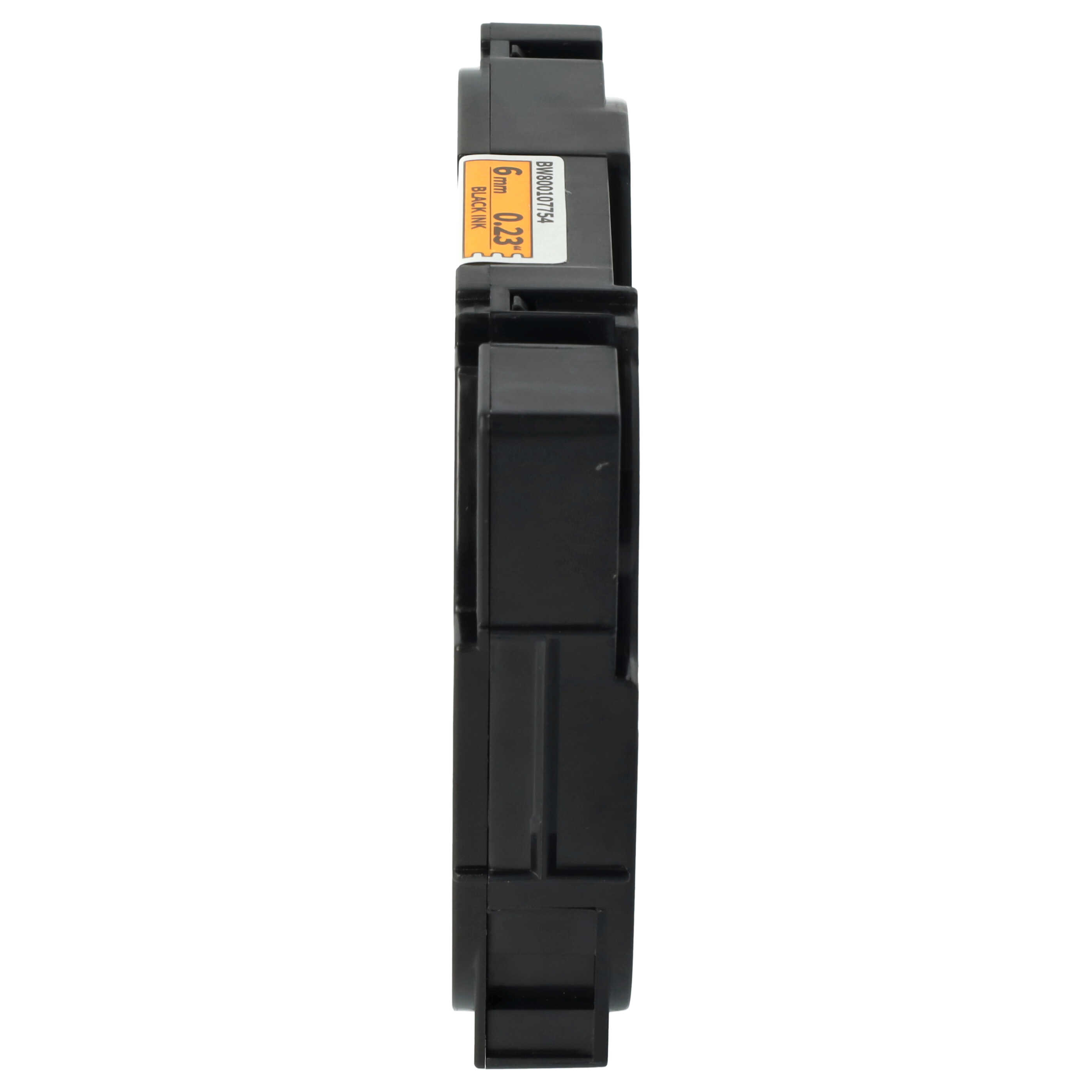 Eine schwarze Tintenpatrone mit einem orangefarbenen Etikett mit Messungen und den Worten 'BLACK INK'.