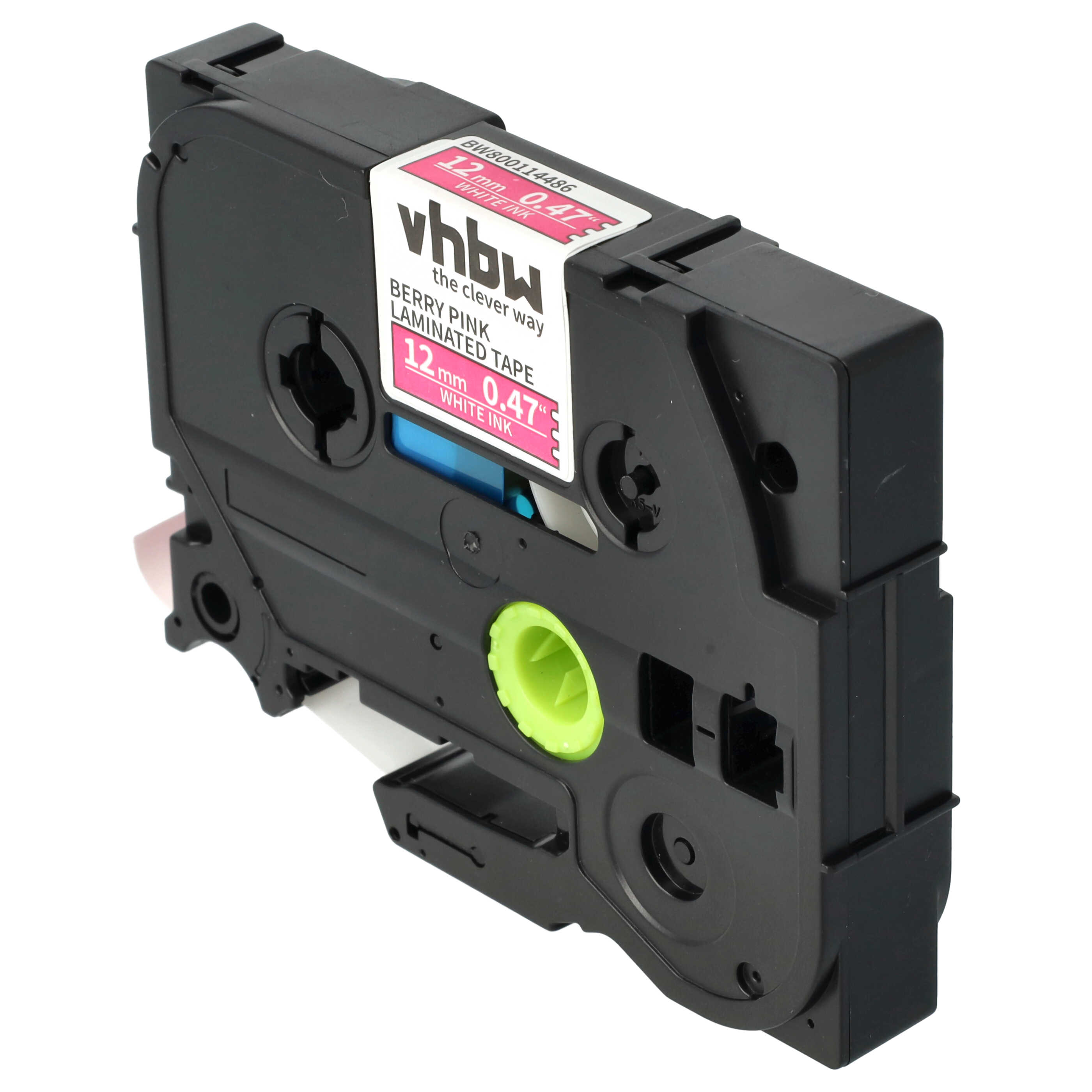 Eine schwarze Etikettentape-Kartusche mit pinkfarbenem Band und weißer Tinte. Es hat ein grünes Rad und rosa und weiße Etiketten.