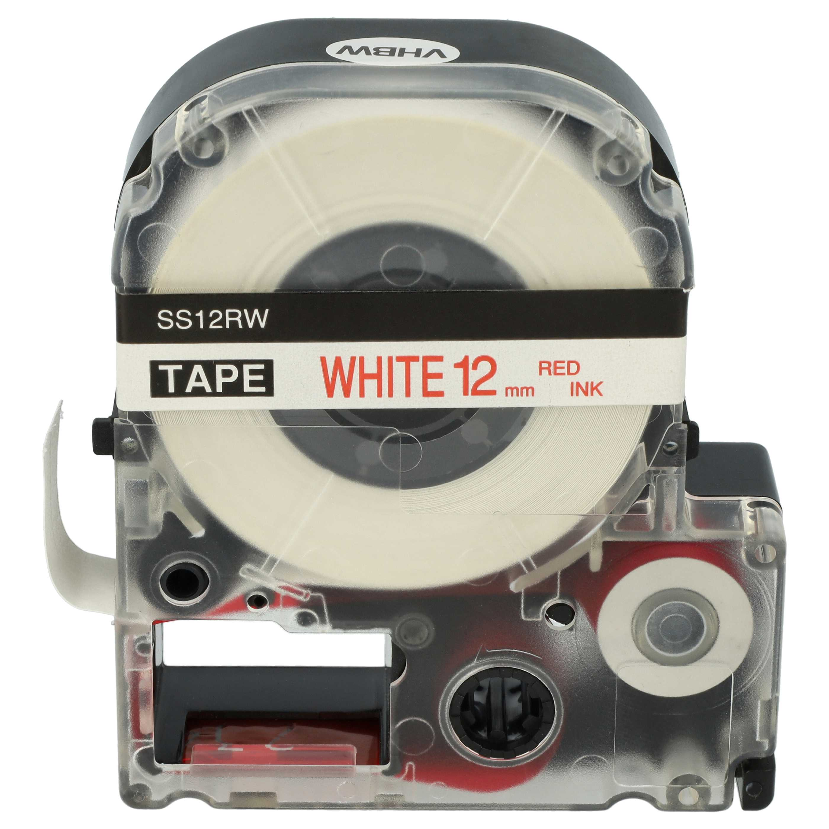 Ein Etikettendrucker mit weißem Band. Auf dem Etikett steht 'WHITE 12 mm RED INK' auf einem schwarz-weißen Band.
