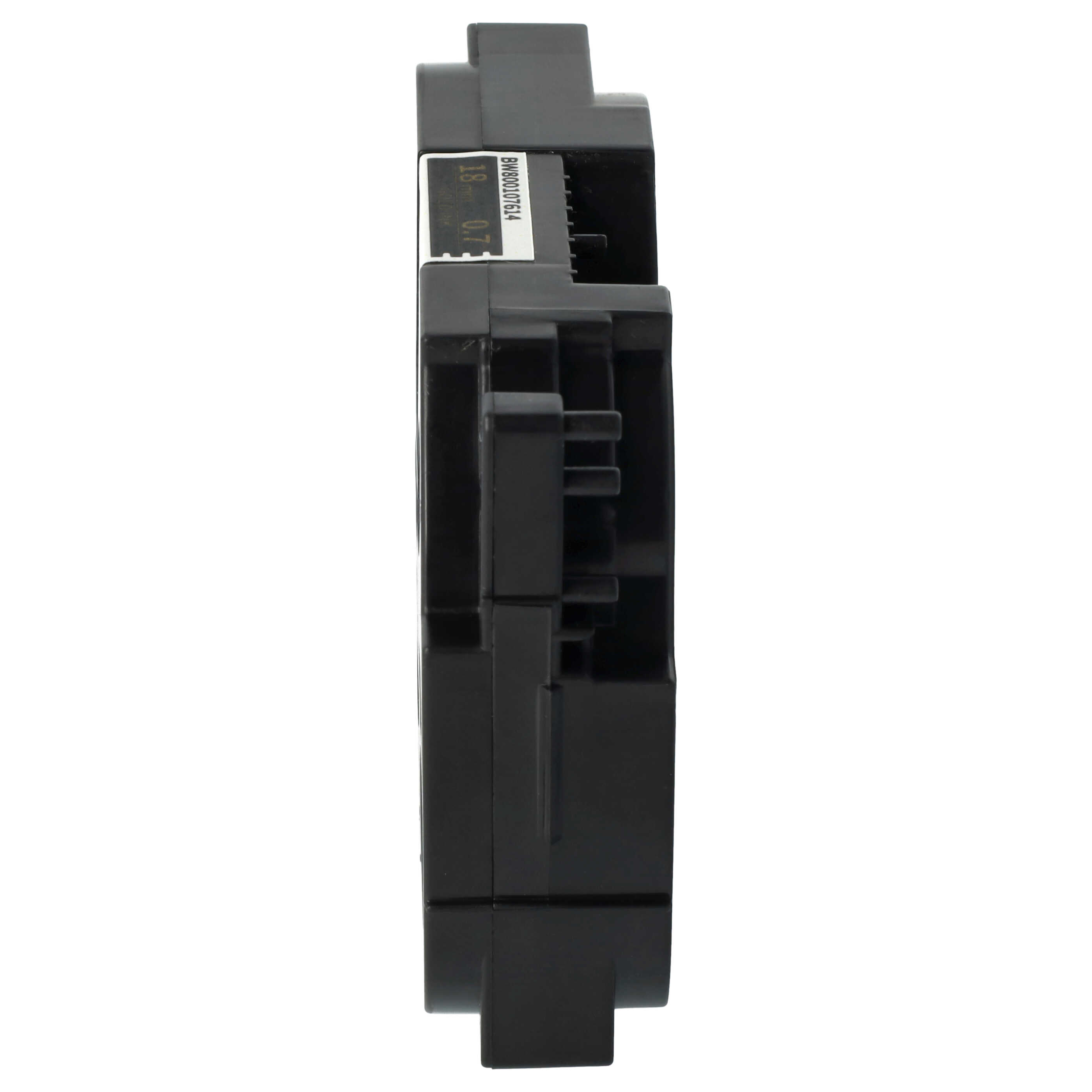 Eine schwarze elektronische Komponente wird im Profil vor weißem Hintergrund gezeigt. Ein Etikett lautet 'BW800107614'.