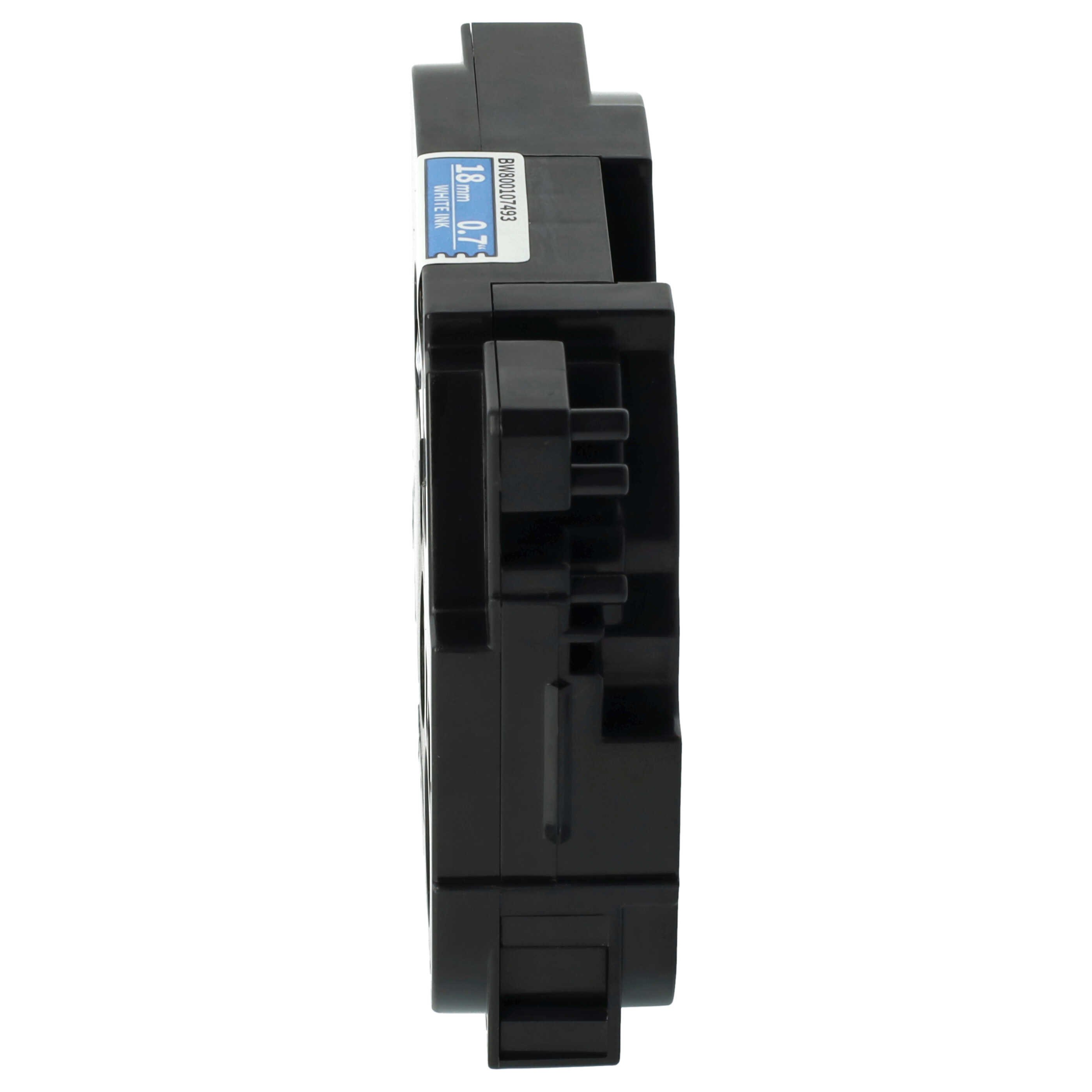 Eine schwarze elektronische Komponente mit einem weiß-blauen Etikett. Das Etikett enthält Informationen zur Komponente.
